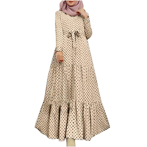 Women's Casual Sun Protection Long Sleeve Crew Neck T-Shirt Dress with Belt - Smocked Ruffle Tiered Maxi Dress for Beach, Summer & Outdoor Activities