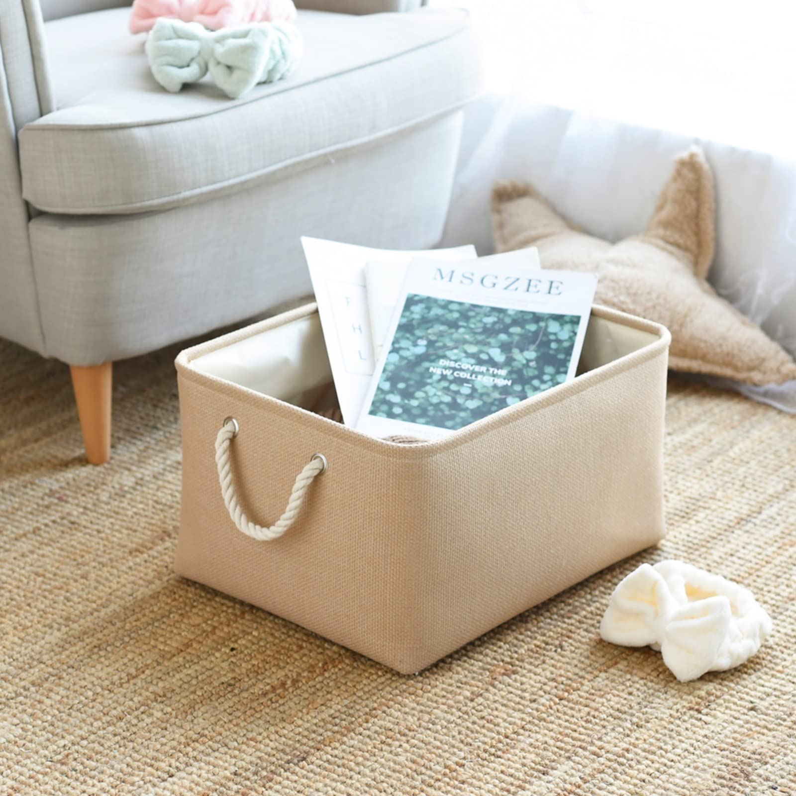 TheWarmHome Extra Large Decorative Storage Baskets with Handles - 3 Pack Beige Fabric Cloth Bins for Closet Organization, Dog Toys, Laundry & Home Decor (17