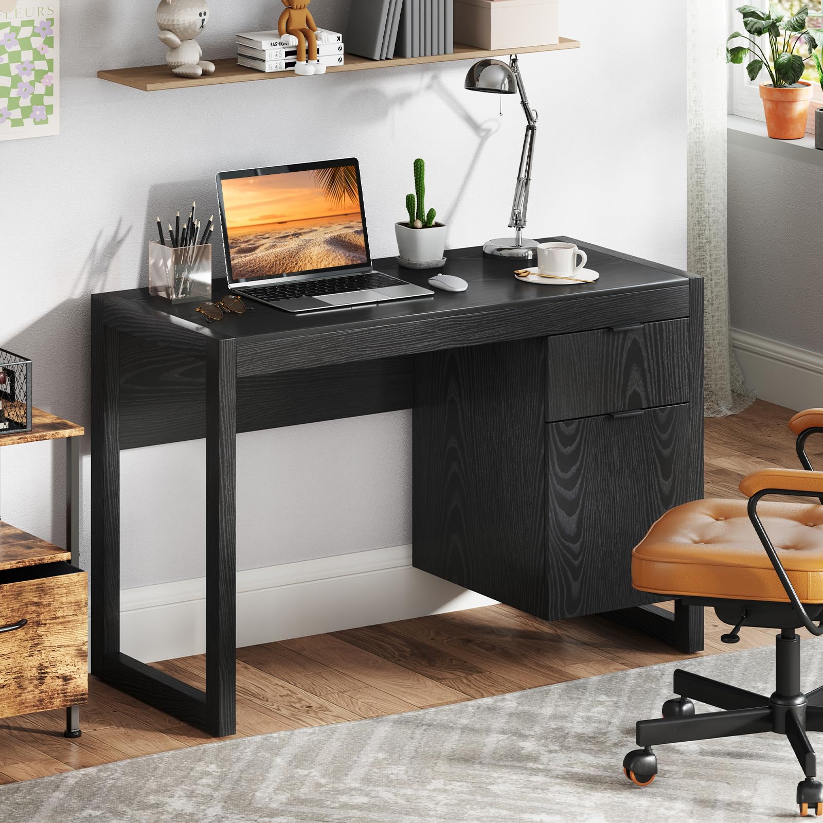 Tangkula White Wooden Computer Desk with Storage Cabinet & Drawer - Home Office Desk with Smooth Surface for PC Laptop Workstation, Study & Writing | Perfect for Small Spaces, Dorm Rooms & Home Offices (Black)