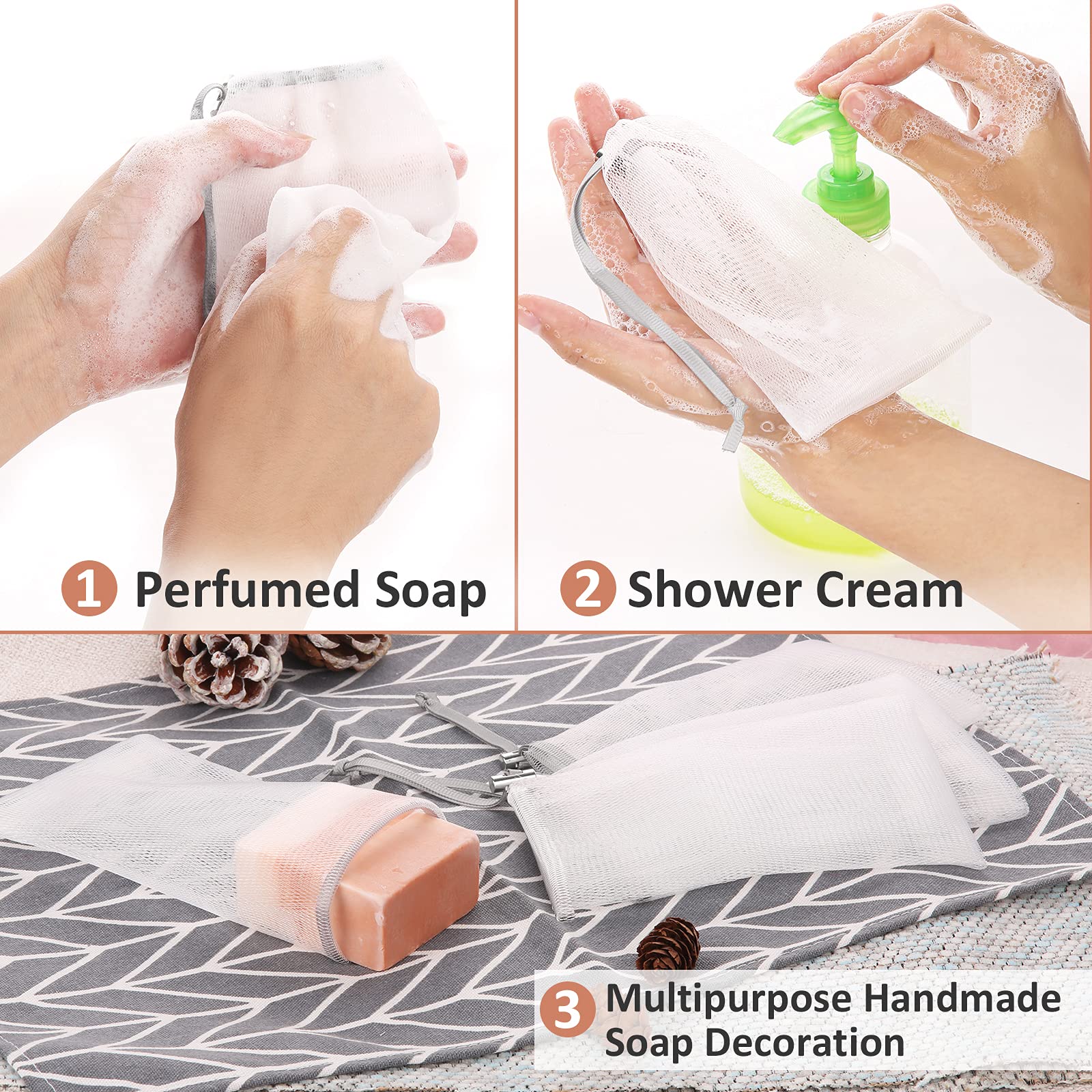 Cobahom 6-Pack Mesh Soap Bags with Drawstring - Reusable Foaming Net for Handmade Soap, Bath & Shower - Perfect for Travel & Eco-Friendly Bathing (Gray)