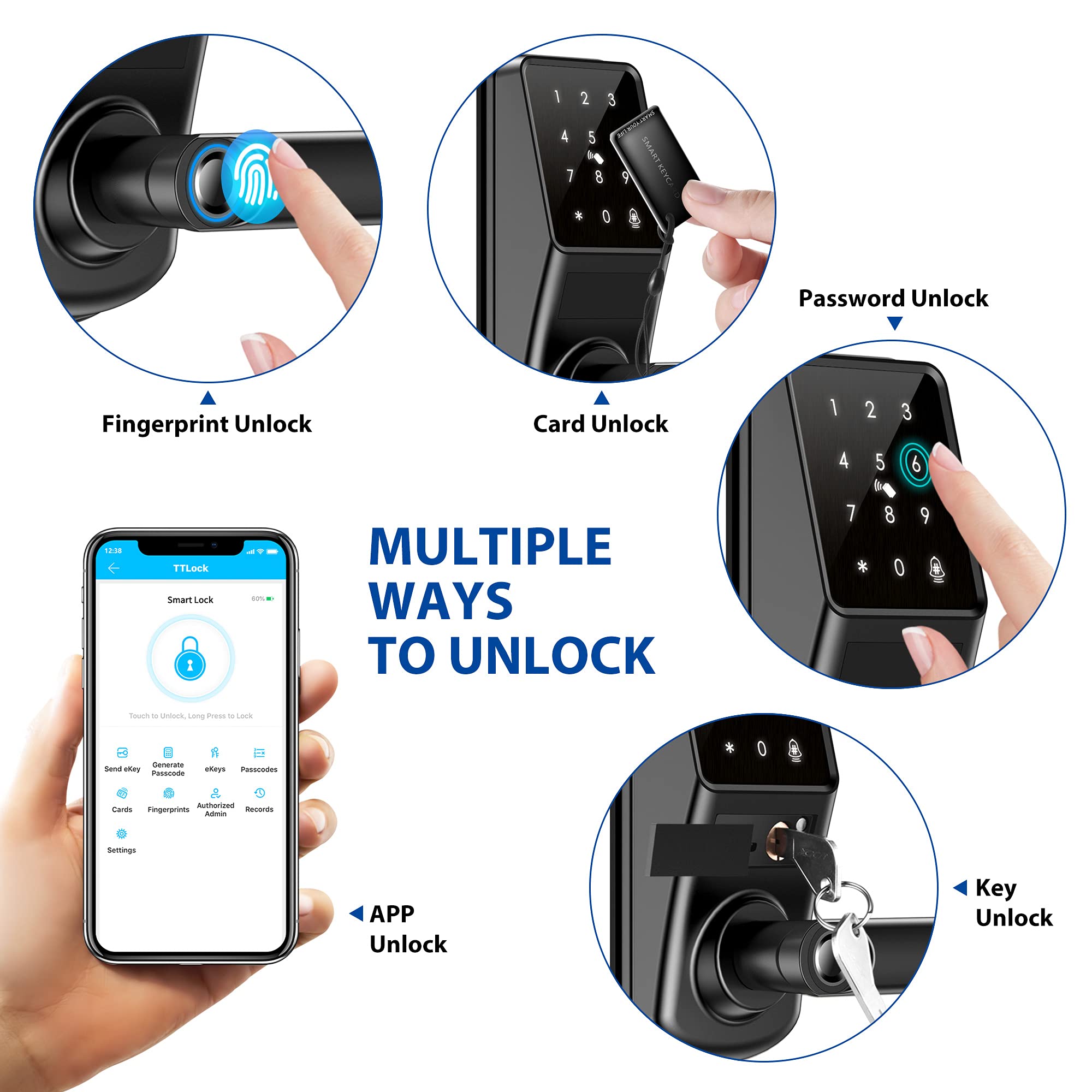 CATCHFACE A290 Smart Lock - Bluetooth Keyless Entry Door Lock with Handle, Fingerprint Biometric Lock, TTLock Compatible, Works with Cards/Keys/Passcode - Ideal for Front Door, Office & Home Security