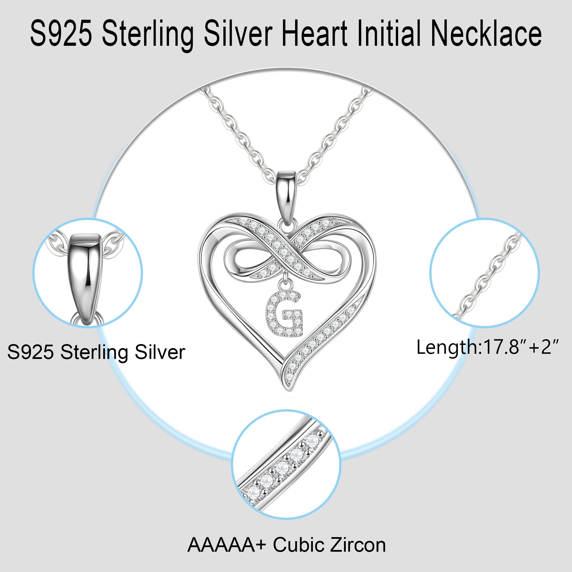 Infinity Heart Initial Necklace for Women - 925 Sterling Silver Personalized Name Necklace | Dainty Heart Pendant Jewelry Gift for Her, Teen Girls | Perfect for Valentine's Day, Anniversary & Birthday Gifts