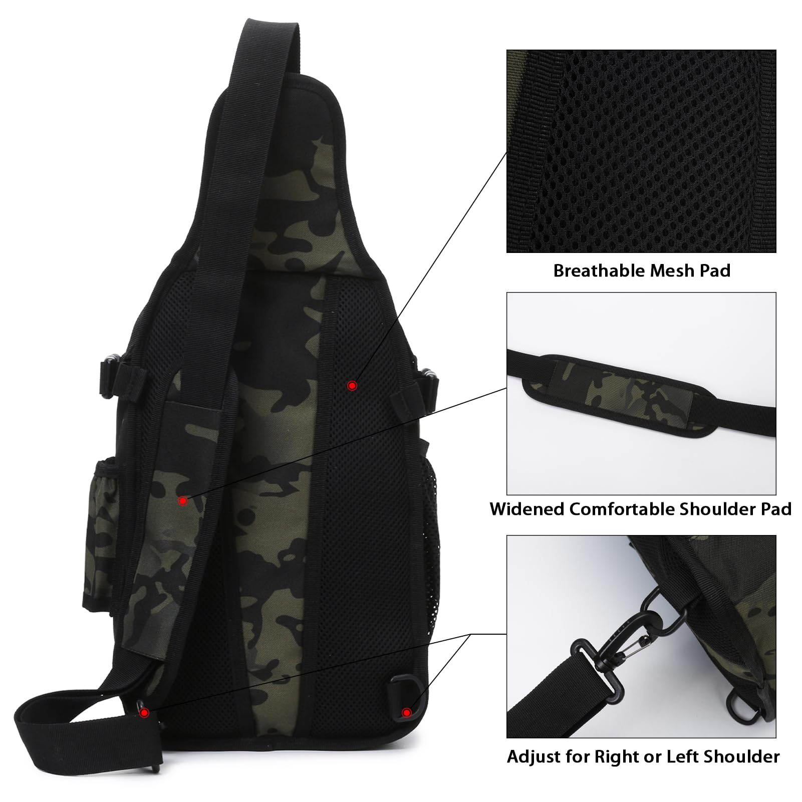 12L Lightweight Tactical Fishing Backpack with Tackle Storage - Waterproof Sling Shoulder Bag with US Flag Patch & Fishing Pliers (Black) - Perfect for Outdoor Fishing, Camping & Hiking Adventures