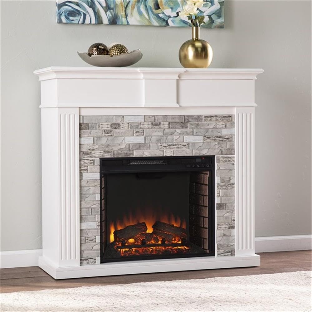 SEI Furniture Bondale Electric Fireplace with Faux Stone Surround in White - Cozy Indoor Heating for Living Room, Bedroom & Office