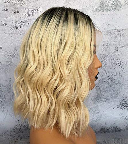 14inch 180% Density Human Hair Lace Front Wig - 13x6 Deep Part Remy Hair Bob Wig in Black Blonde Ombre (Wavy Bob) | Natural Looking Everyday Wear & Special Occasions