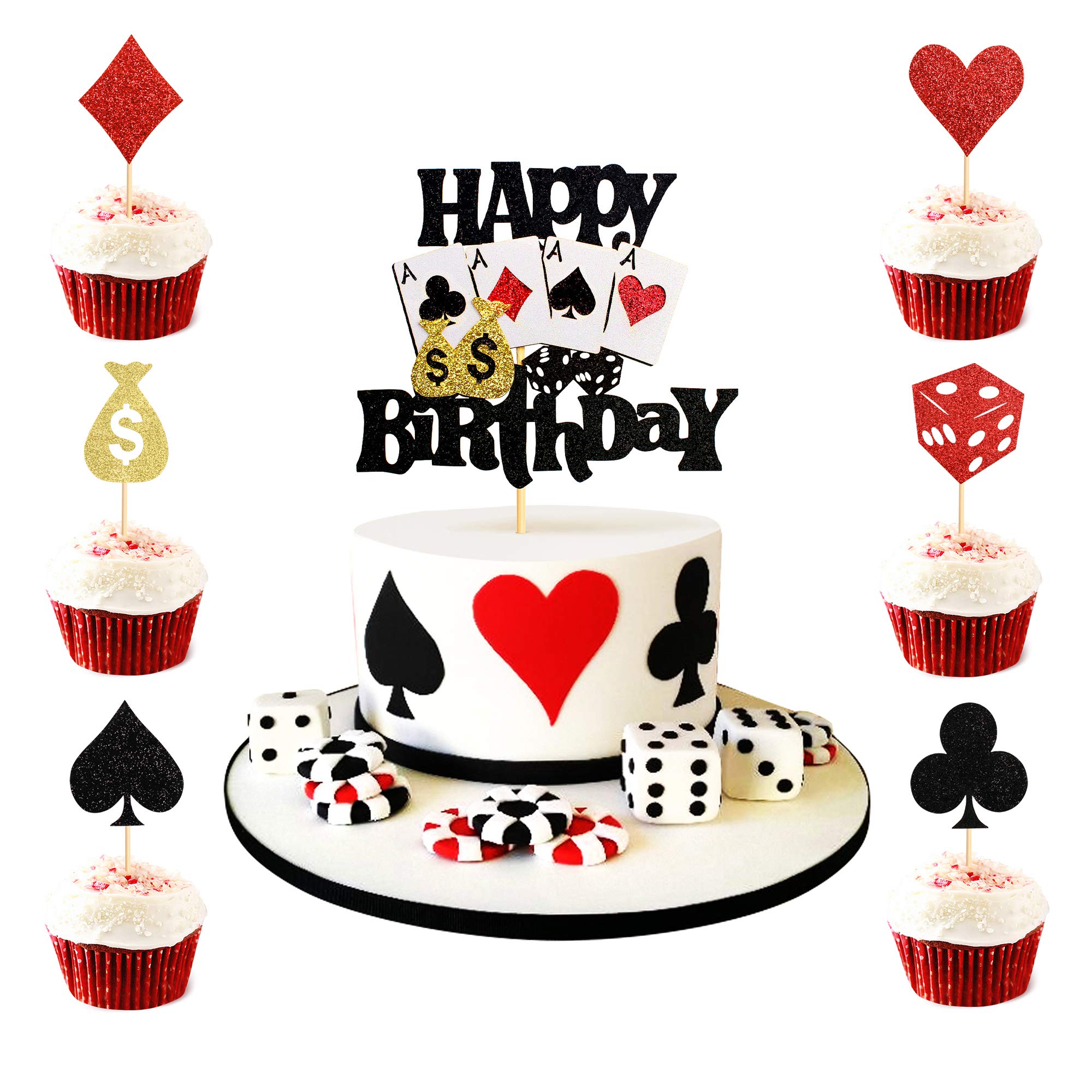 25 Pack Casino Cupcake Toppers - Poker Heart & Playing Cards Decorations for Vegas Theme Parties, Poker Night Supplies, Birthday & Bachelorette Celebrations