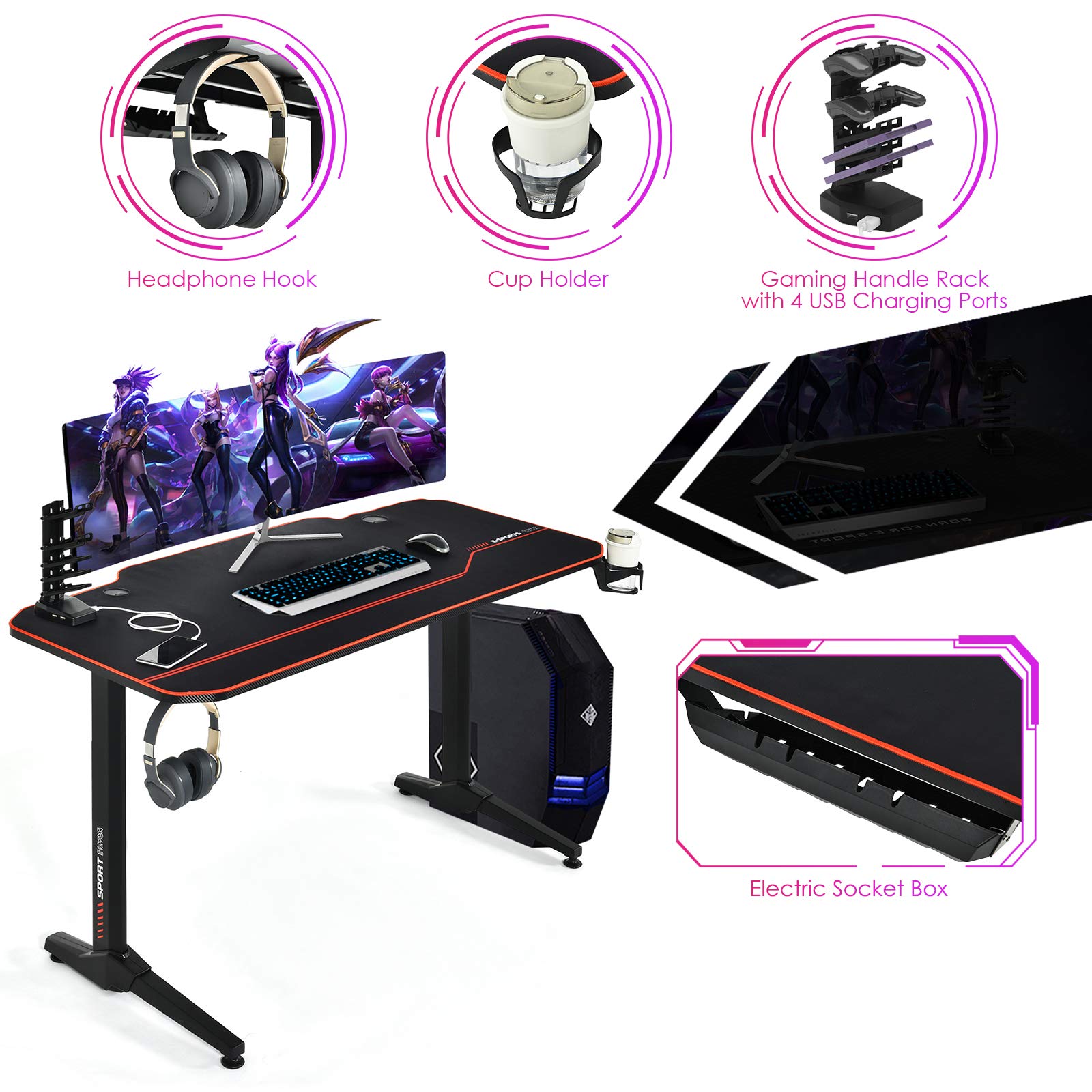 POWERSTONE 55 Inch Gaming Desk - Ergonomic Racing Style Computer Desk with Large Mouse Pad, USB Ports, Cup Holder & Headphone Hook - Perfect for PC Gaming Setup, Streaming & Home Office Workstation