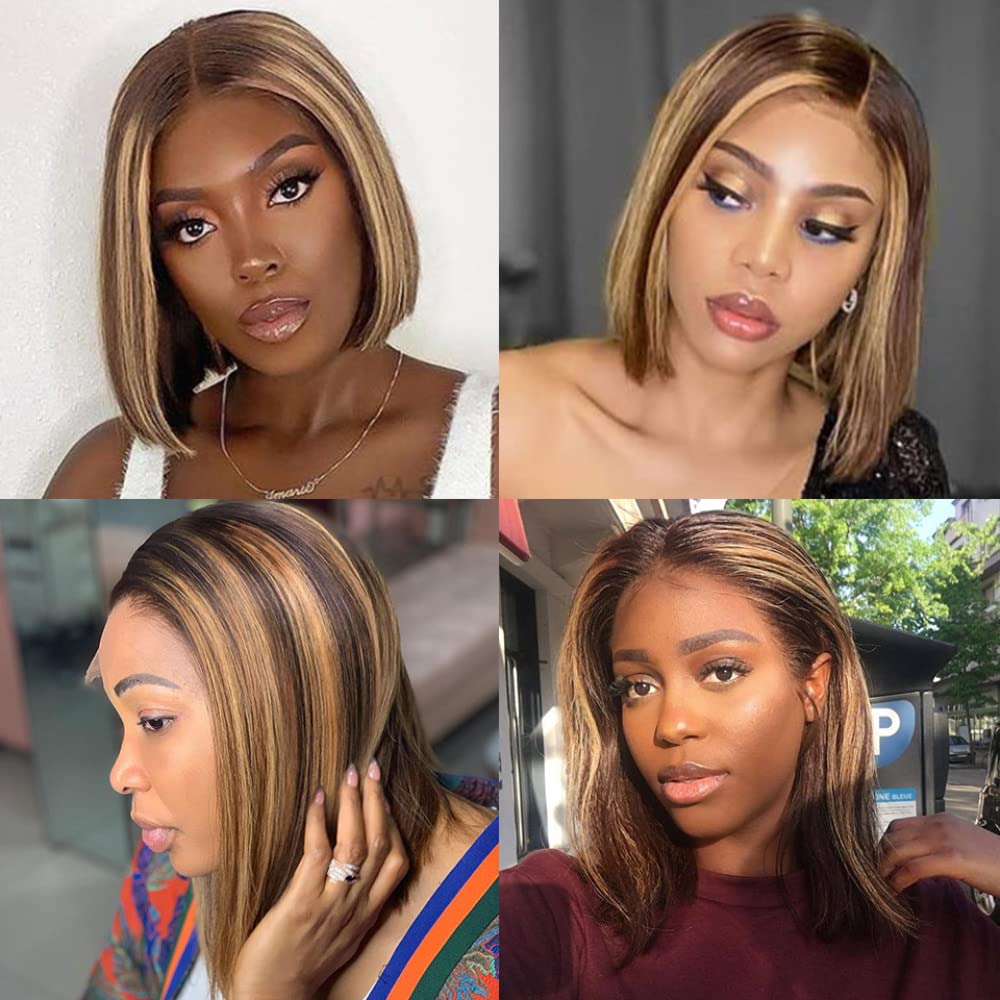LSZA Short Bob Wig Straight 13x4 Lace Front Human Hair Wigs Ombre #4/27 Remy Glueless 180 Density 4x4 Bob Wigs 14 Inches - Natural Look for Daily Wear, Parties & Cosplay