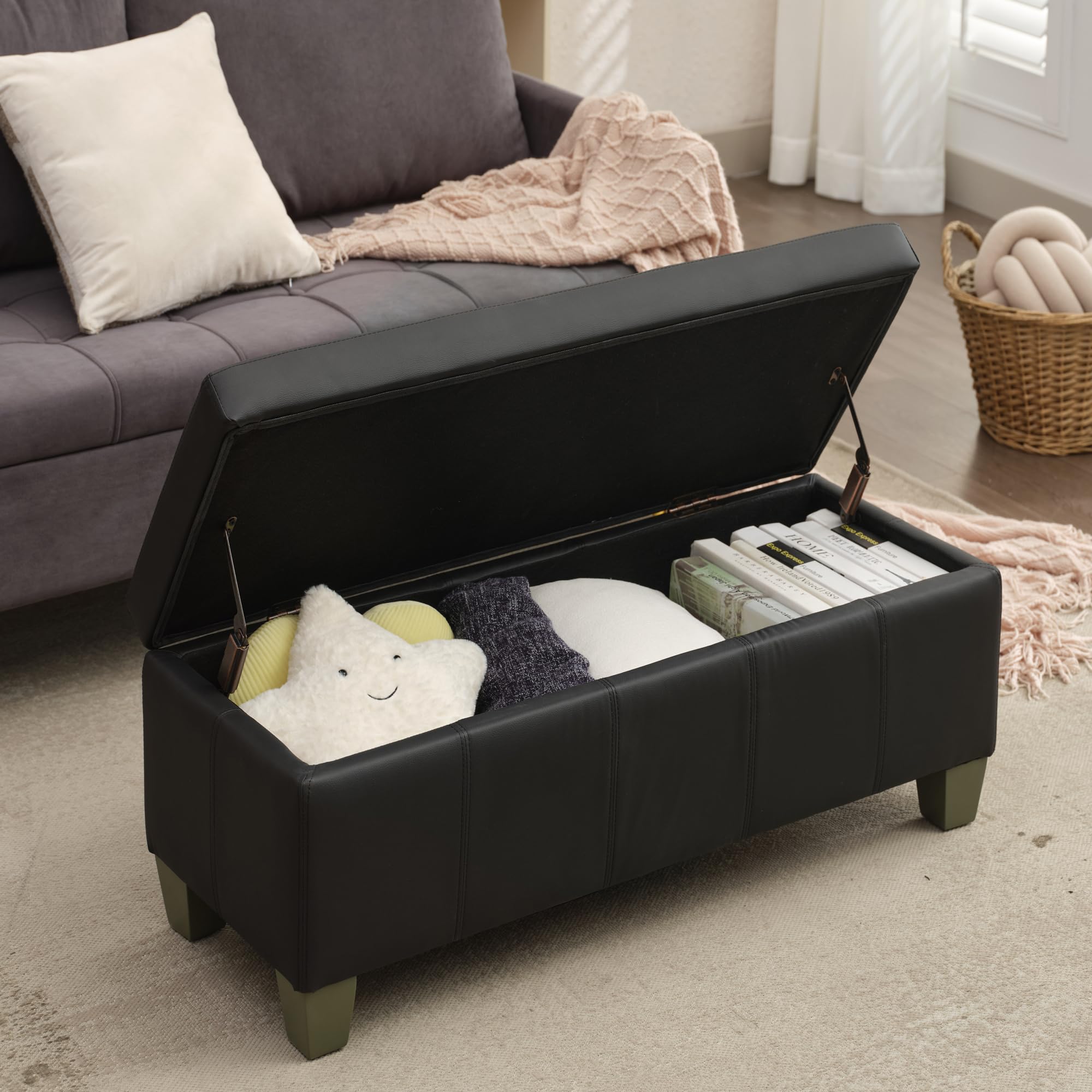 Black Faux Leather Storage Ottoman Bench - Extra Long Rectangular Footrest with Hidden Storage | Perfect for Bedroom, Living Room & Entryway Seating & Organization