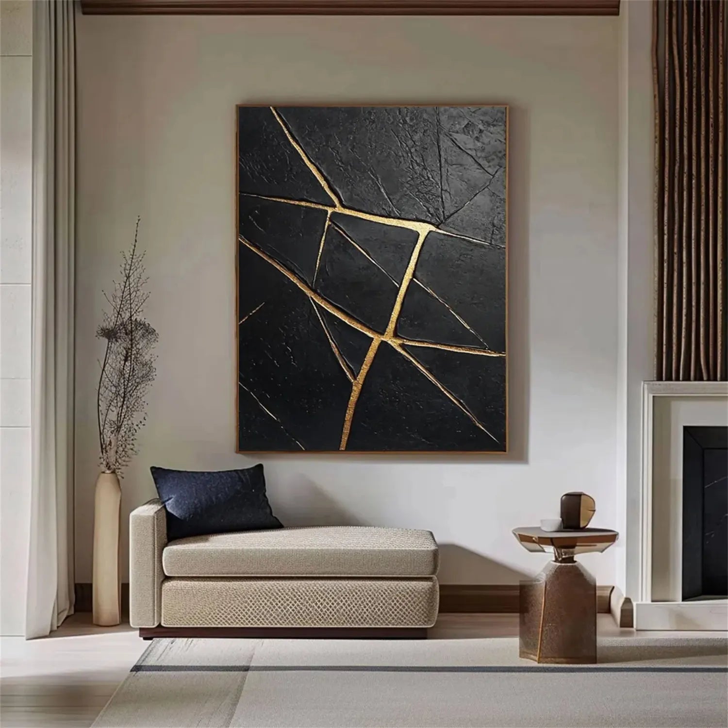 Black Gold Minimalist Textured Painting Canvas - Modern Abstract Wall Art for Living Room, Bedroom & Office Decor | Premium Quality #MZ121
