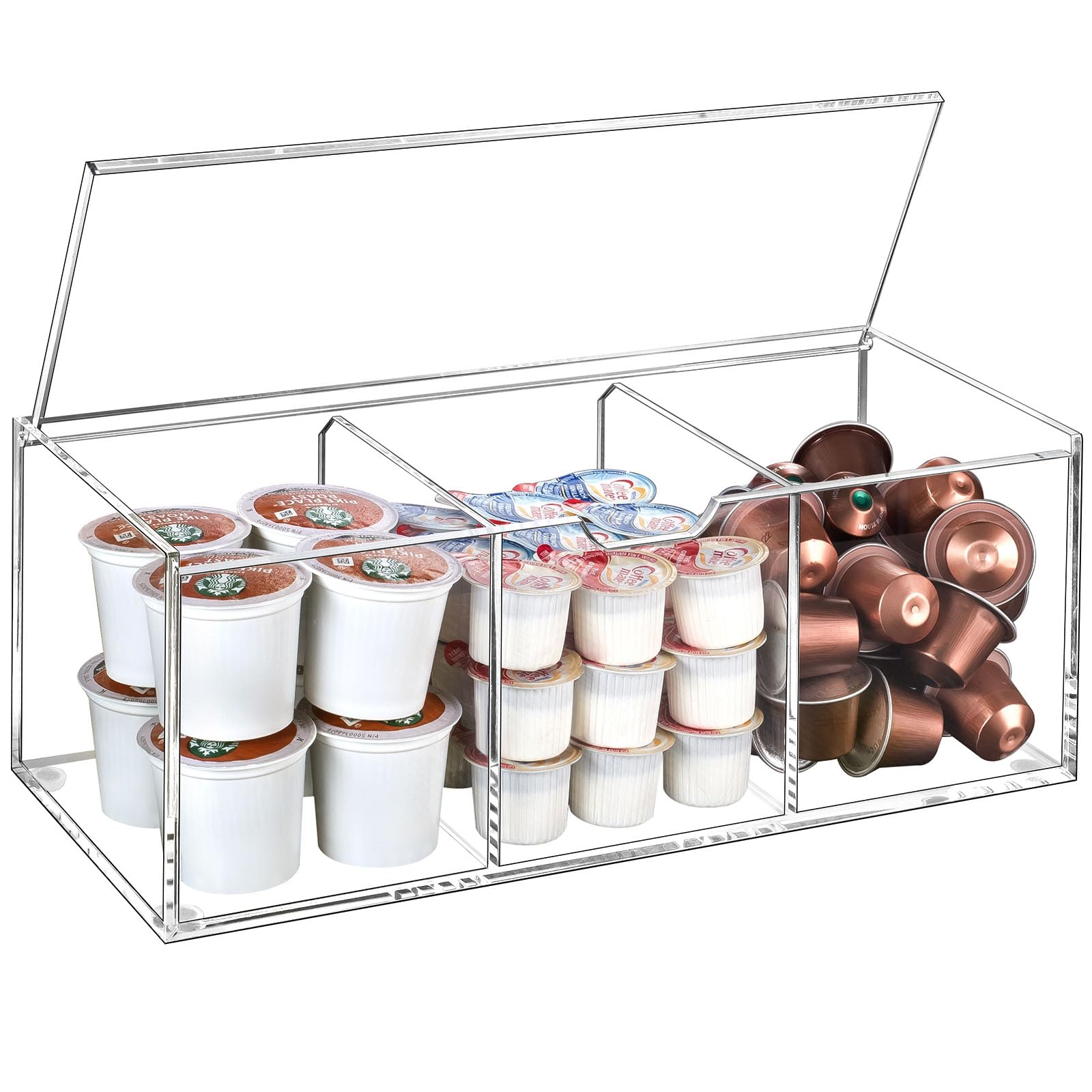BEYGORM Clear Acrylic Coffee Pod Holder with Lid - 24 K-Cup Storage Organizer, 3 Compartment Coffee Bar Station for Keurig Pods & Creamers | Perfect for Kitchen Countertop & Office Coffee Station Organization