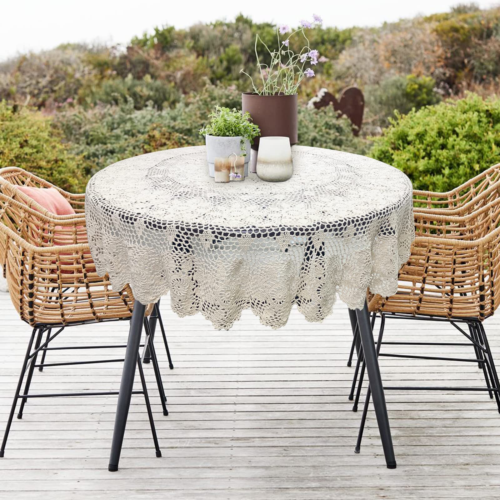 Handmade Crochet Round Tablecloth 60-inch Beige Lace Table Cover Floral Design for Bedroom Kitchen Coffee Table Dining Table - Perfect for Boho Home Decor Wedding Party & Holiday Dining