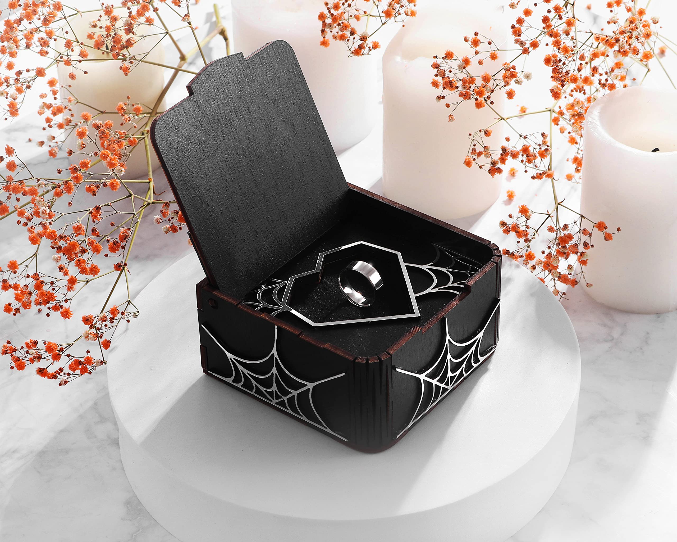Gothic Wooden Cobweb Ring Box for Halloween Wedding - Elegant Ring Bearer Box with 'Til Death Do Us Part' Engraving - Perfect for Gothic Wedding Decorations & Spooky Reception Decor
