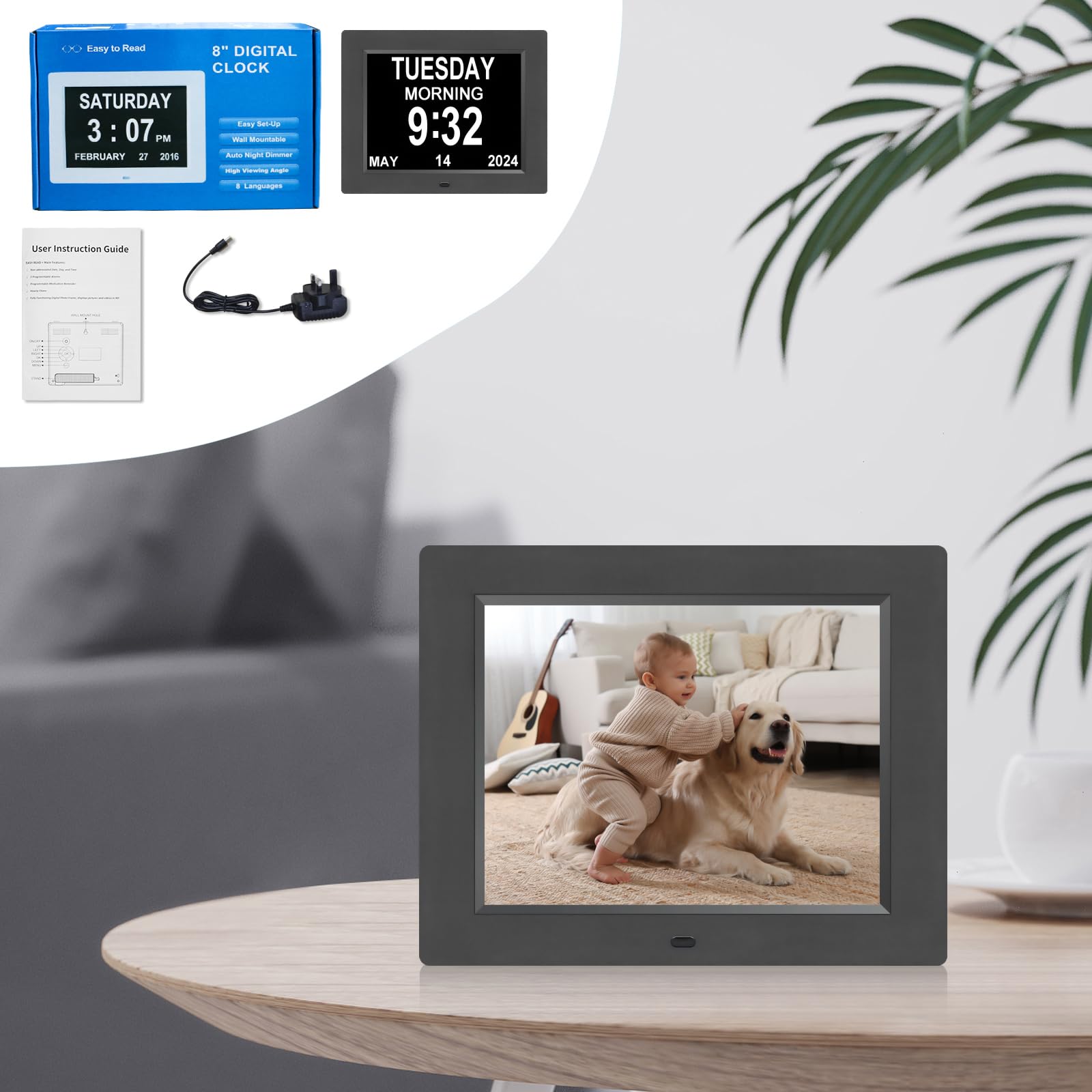 Large Display Digital Dementia Clock for Seniors - Easy-to-Read Day/Date Alarm Clock with 8 Alarm Options & Auto-Dimming Feature - Ideal for Alzheimer's Patients, Elderly Care, and Memory Support (Home & Care Facility Use)