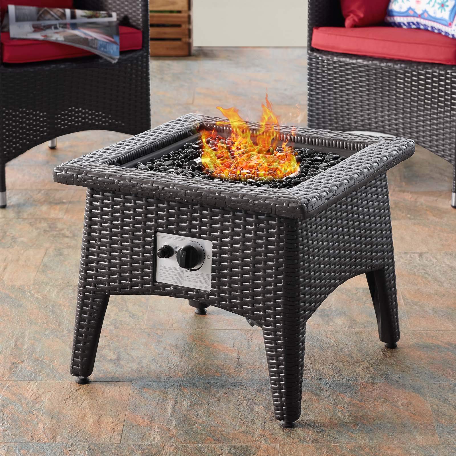 Modern Outdoor Patio Garden Lounge Coffee Fire Pit Table and Chair Set - Weather-Resistant Fabric Rattan Wicker Furniture - Perfect for Backyard, Poolside & Camping Gatherings (Red)