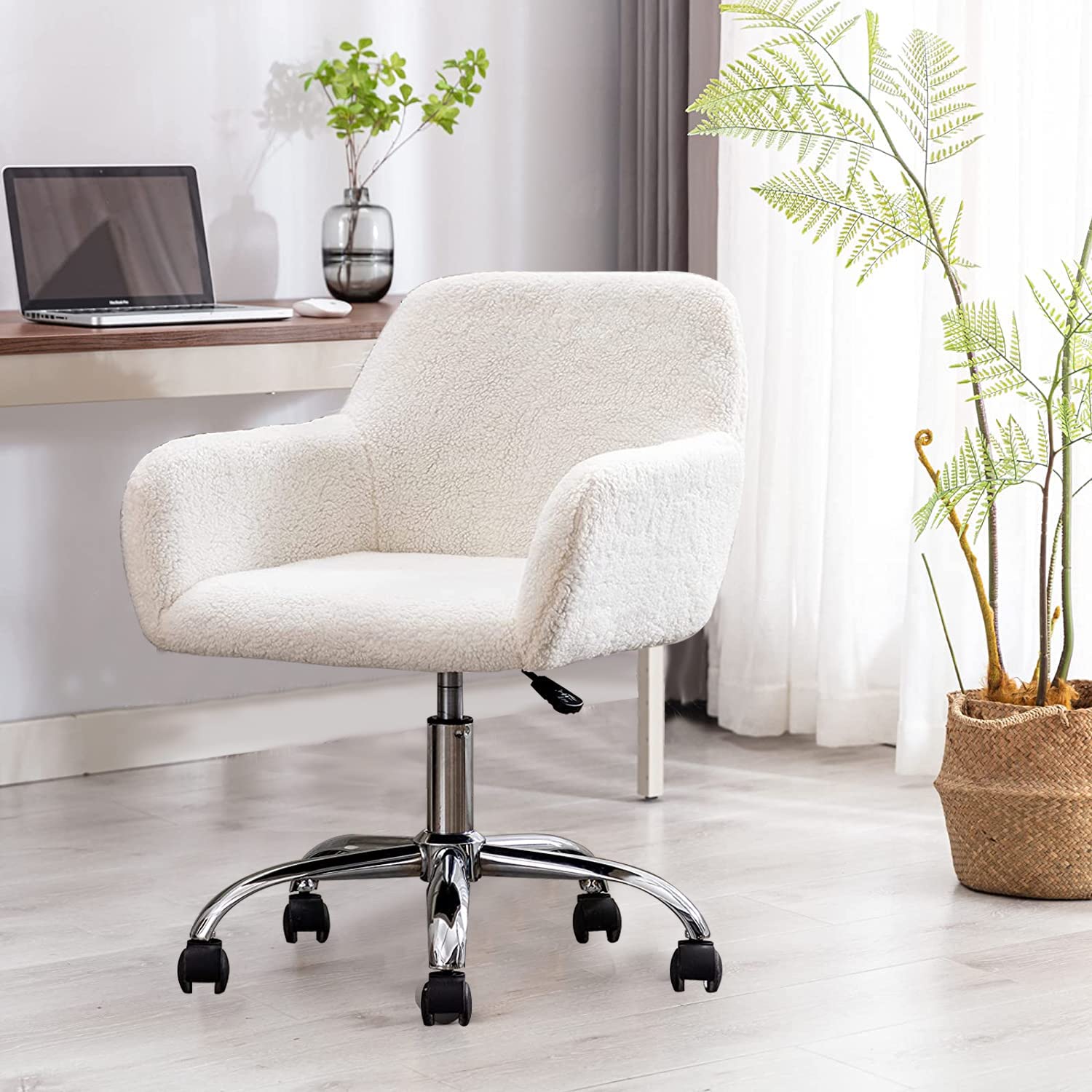 Luxury Faux Fur Office Chair for Women - Modern Accent Chair with Rolling Wheels & Armrest - Soft Fluffy Makeup Vanity Chair for Bedroom, Living Room & Home Office - White (Perfect for Work, Study & Beauty Routine)