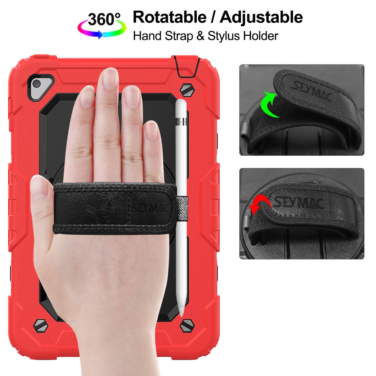 SEYMAC 360 Rotating Stand Case with Screen Protector & Pencil Holder for iPad Mini 5/4 (7.9 Inch) - Shockproof Protective Cover with Hand Strap - Black & Red - Perfect for Work, Travel, and Drawing