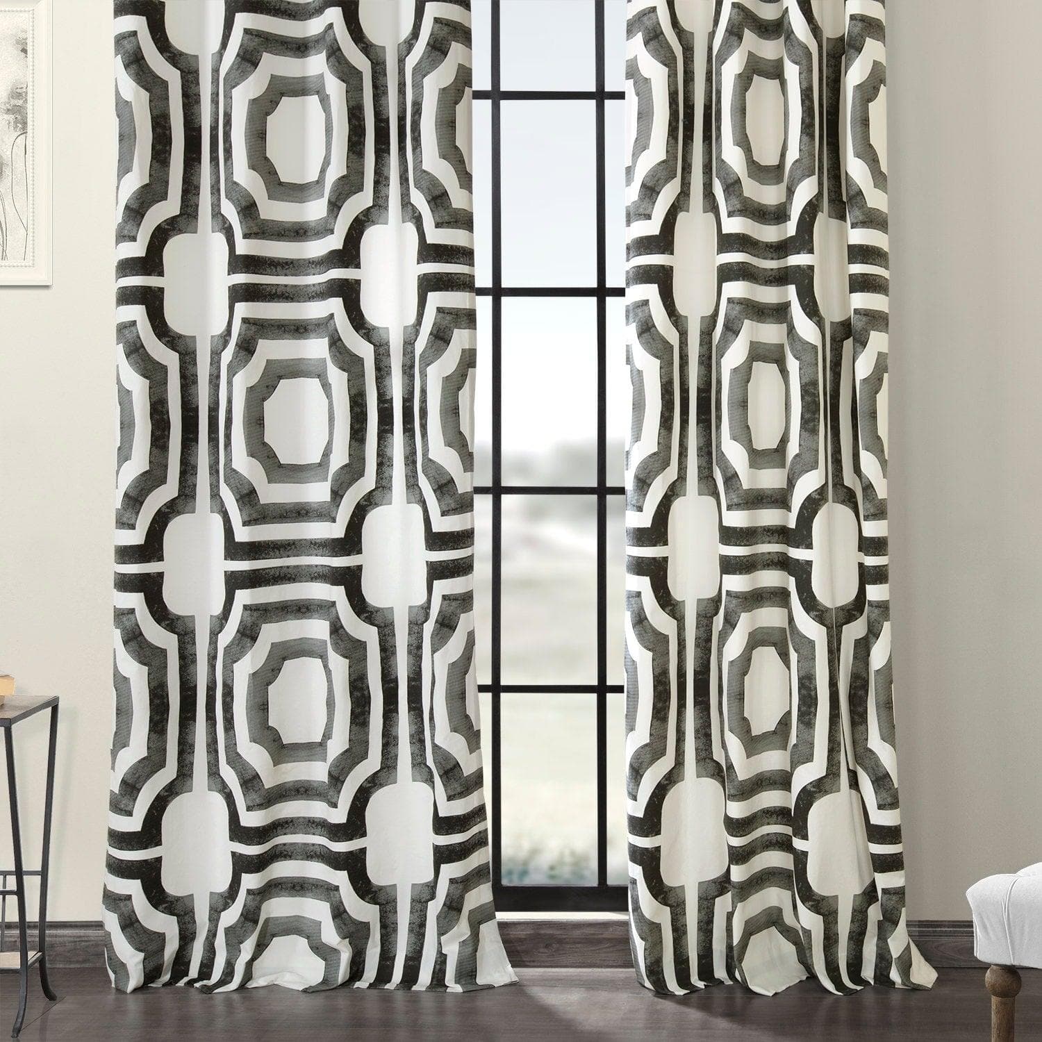 Mecca Steel Geometric Grommet Printed Blackout Curtains - Modern Window Treatment for Bedroom & Living Room