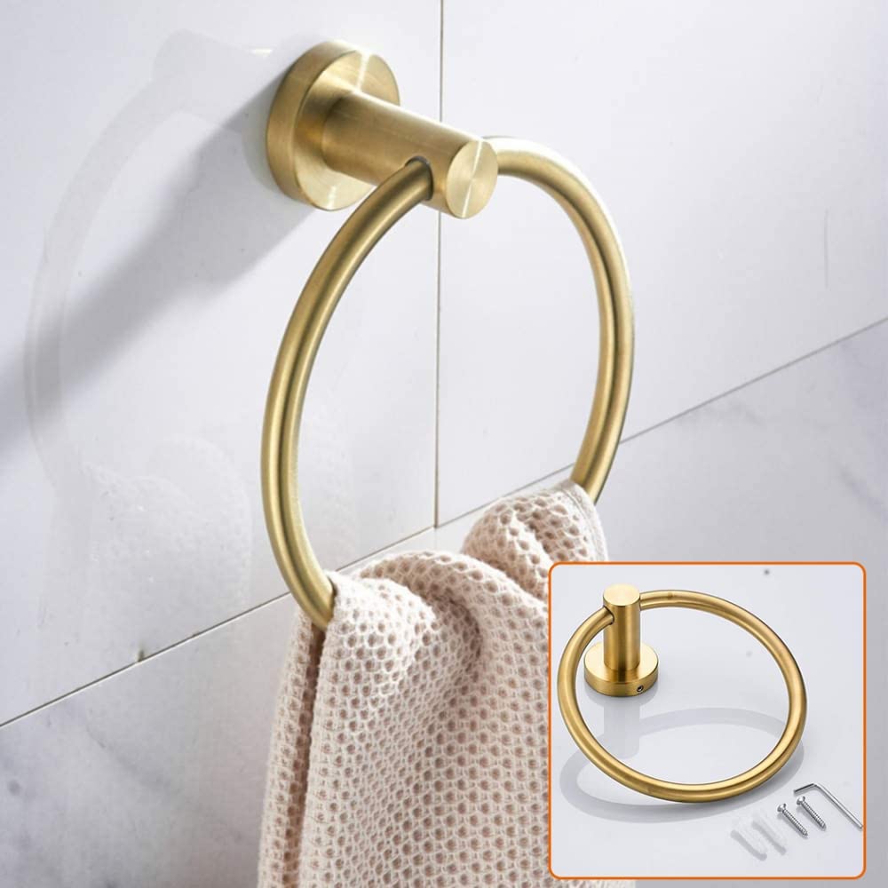 Brushed Gold Stainless Steel Wall Mount Hand Towel Ring Holder - Elegant Bathroom Towel Rack for Kitchen, Bathroom & Guest Room Decor