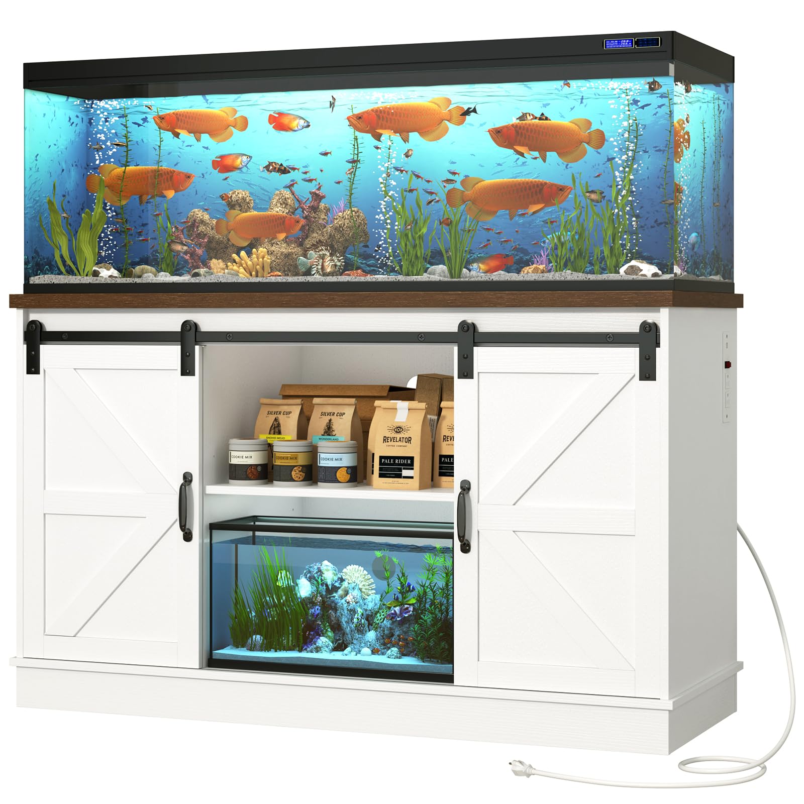 55-75 Gallon Heavy Duty Farmhouse Fish Tank Stand with Power Outlet & Sliding Barn Door - Aquarium Cabinet for Reptile Terrarium, Turtle Tank or Multiple Fish Tanks - Perfect for Home, Office or Pet Store Display (White)