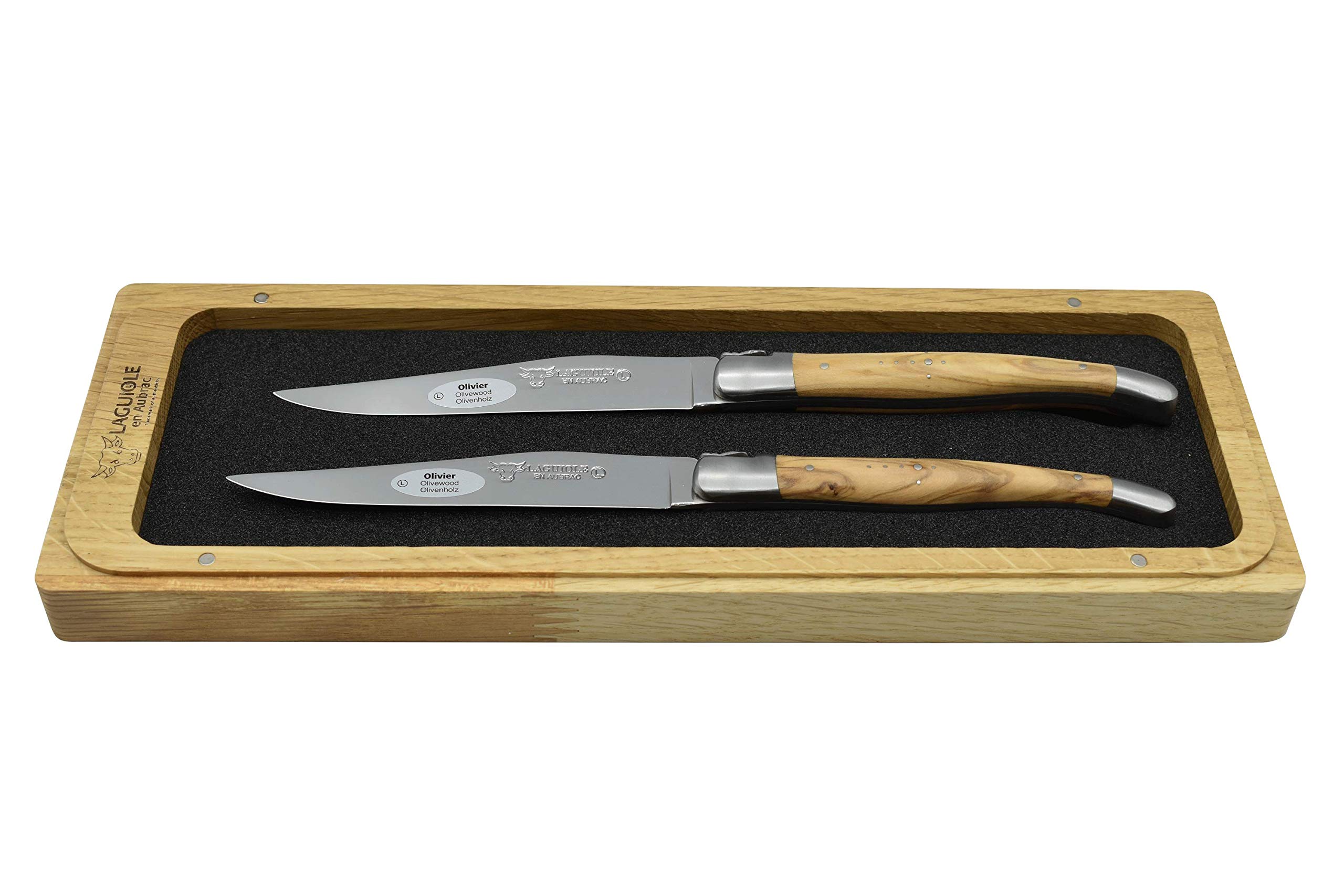 Premium Laguiole en Aubrac Forged Full Tang Steak Knives Set - 2-Piece Stainless Steel Blades with Olivewood Handle & Matte Bolsters - Perfect for Fine Dining, Steakhouse Experience & Gourmet Gifts