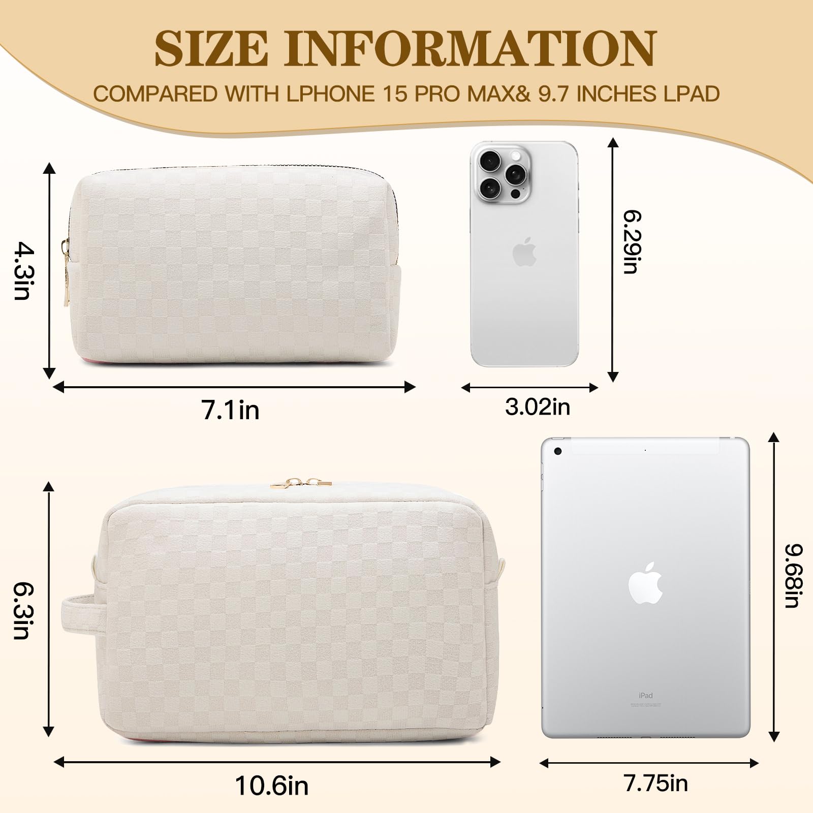 2 Pack Large Checkered Makeup Bag for Women - Waterproof Cosmetic Organizer with Travel Toiletry Case & Brush Holder - Perfect for Travel, Gym, and Daily Essentials Storage (Beige)