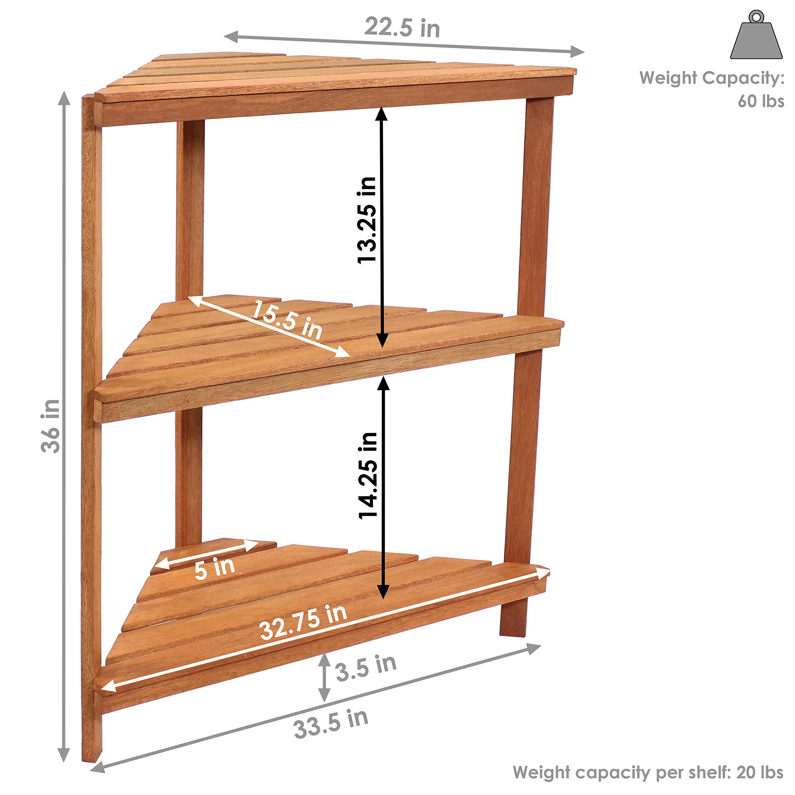 Premium Sunnydaze Meranti Wood 3-Tier Corner Plant Stand with Teak Oil Finish - Indoor/Outdoor Wooden Shelves for Potted Plants - 36-Inch Tall Planter Display for Patio, Garden, Living Room & Balcony Decor