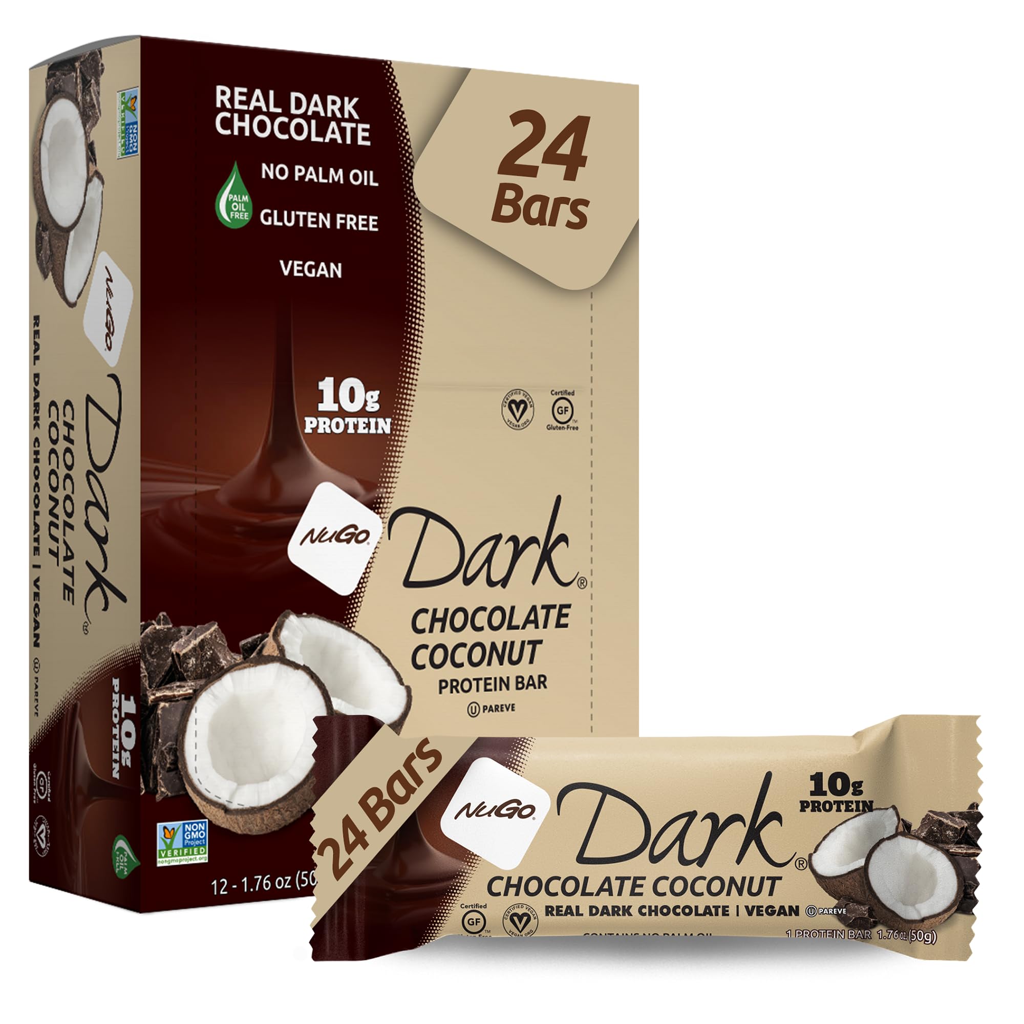 NuGo Dark Chocolate Coconut Protein Bar - 10g Plant-Based Protein, Vegan, Gluten Free, Non-GMO, Kosher Pareve (24 Count) - Perfect for Post-Workout Recovery & Healthy Snacking On-The-Go