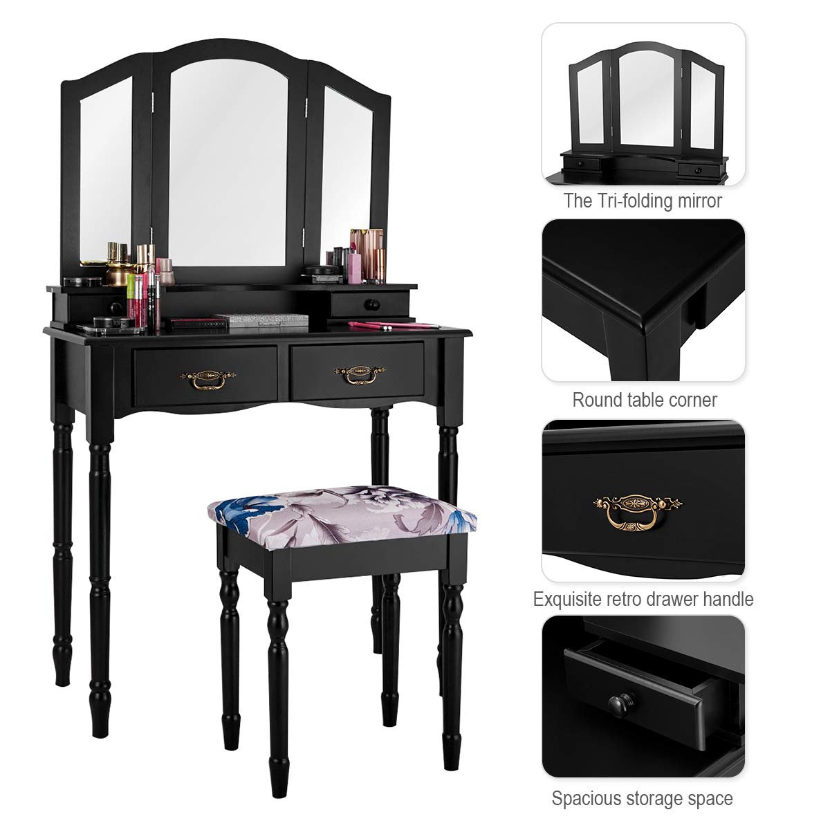 Giantex Vanity Table Set with Tri-Folding Mirror, Makeup Dressing Table with 4 Drawers & Padded Stool, Black Bedroom Vanity Desk for Women - Perfect for Makeup Application, Jewelry Storage & Bedroom Decor