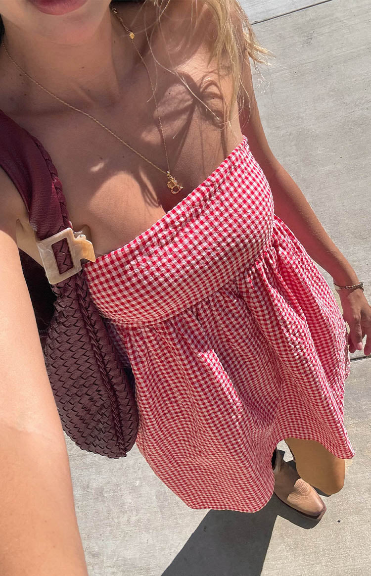 Berrie Red Gingham Strapless Mini Dress - Floral Summer Party Dress for Women, Beach Vacation, Date Night & Cocktail Attire