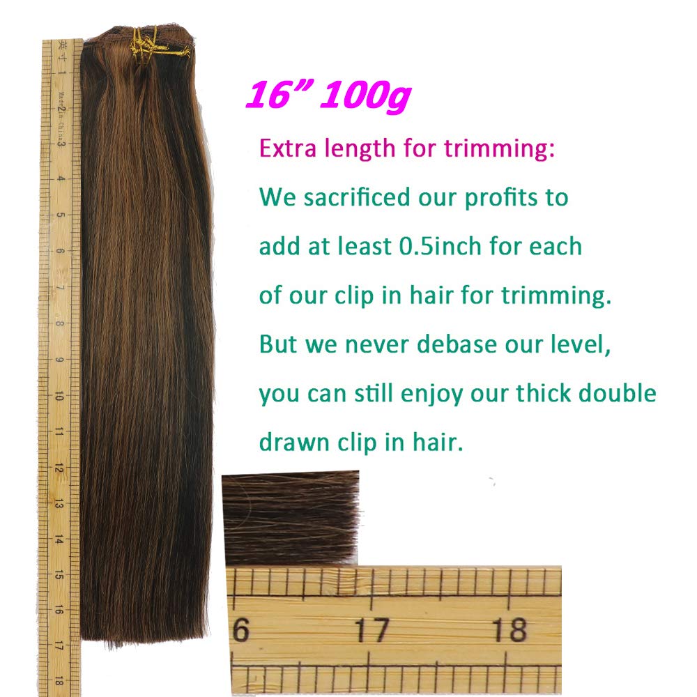 16inch Real Human Hair Clip In Extensions - 16.5inch Length, 100g Double Wefted with Thick Ends & Silky Soft Texture in Piano/Off Black/Chestnut Blonde Highlights | Perfect for Daily Styling, Parties & Special Occasions