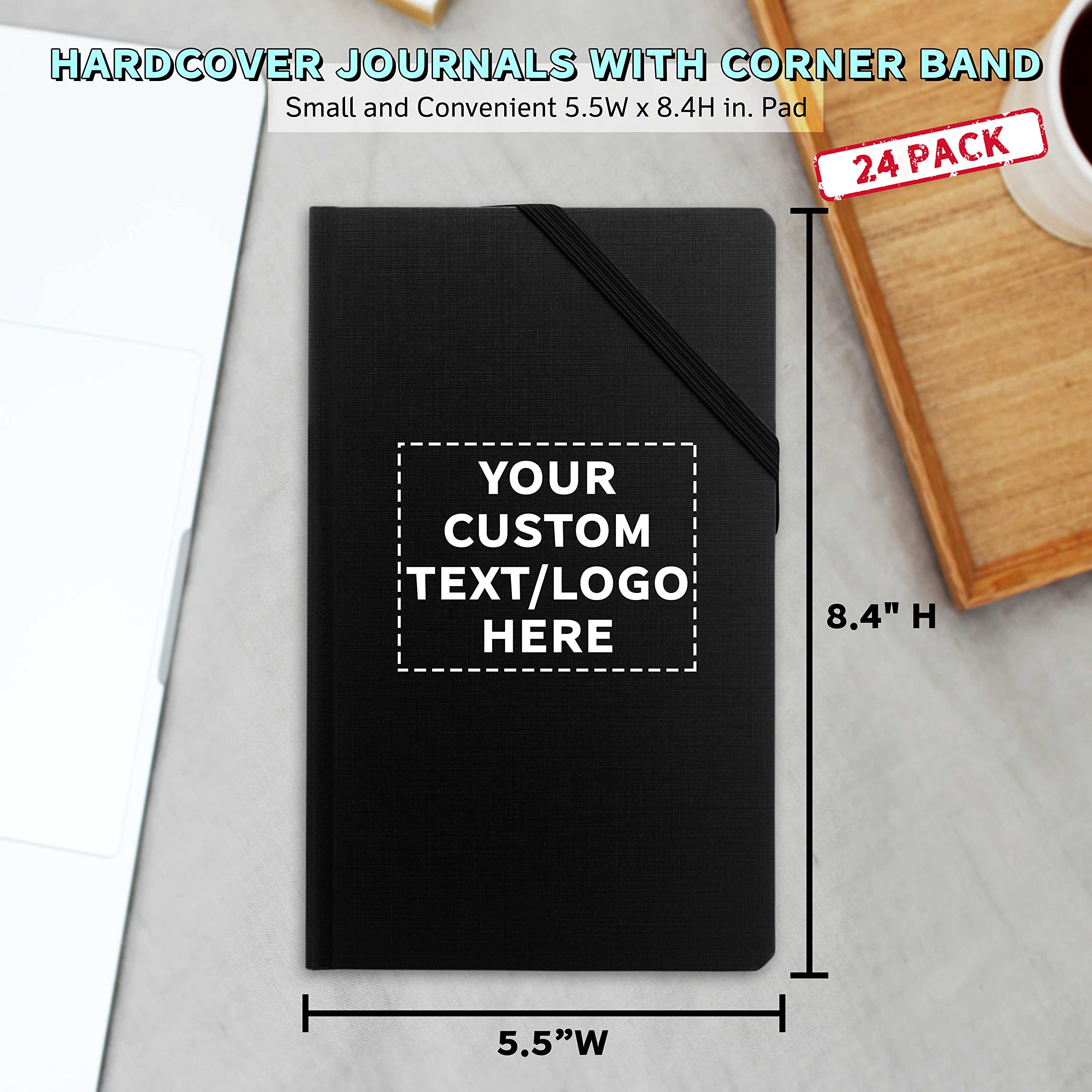 24 Pack Hardcover Journals with Corner Band - Customizable Text & Logo - Elegant Medium Size Black Notebooks for Office, School, Travel & Gift Giving