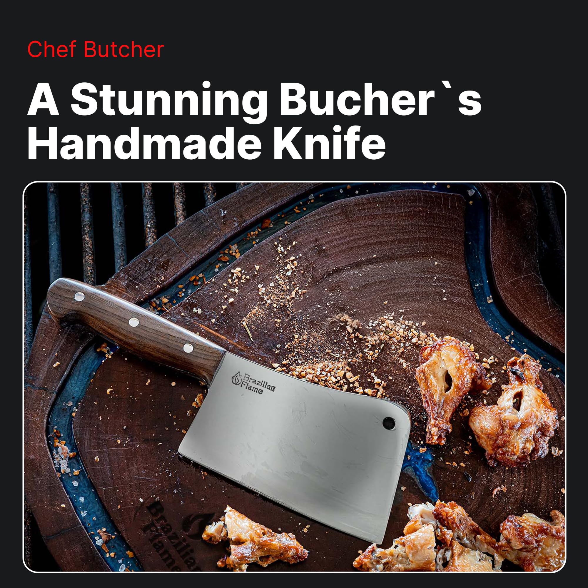 Premium 10-Inch Brazilian Flame Butcher Knife - Heavy Duty 420C Stainless Steel Cleaver with Imbuia Wood Handle & Leather Sheath - Ultra Sharp for Meat Cutting, Bone-In Cuts, BBQ & Kitchen Use - Perfect for Chefs, Butchers & Outdoor Cooking Enthusiasts