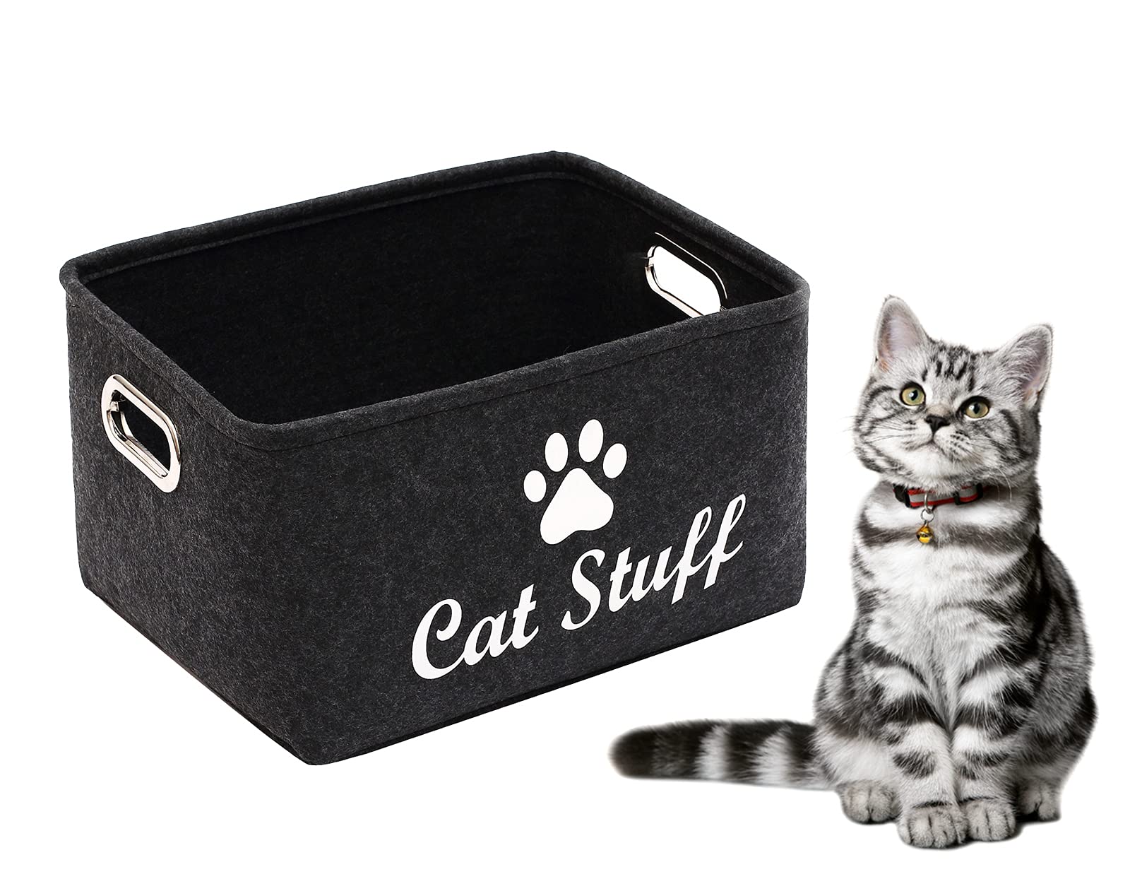 Geyecete Collapsible Cat Apparel & Accessories Storage Basket with Handles - Pet Toy Organizer Bin for Cat Clothes, Toys & Laundry - Space Saving Solution for Bedroom, Closet & Office (Dark Grey) | Perfect for Pet Owners & Home Organization