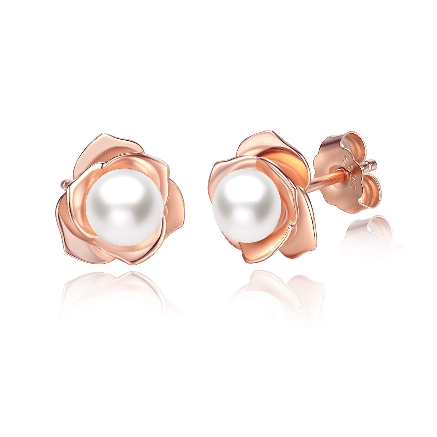 JORA Rose Gold Plated Sterling Silver Rose Flower & Pearl Stud Earrings for Women - Elegant Jewelry Gift for Her, Perfect for Weddings, Anniversaries & Special Occasions