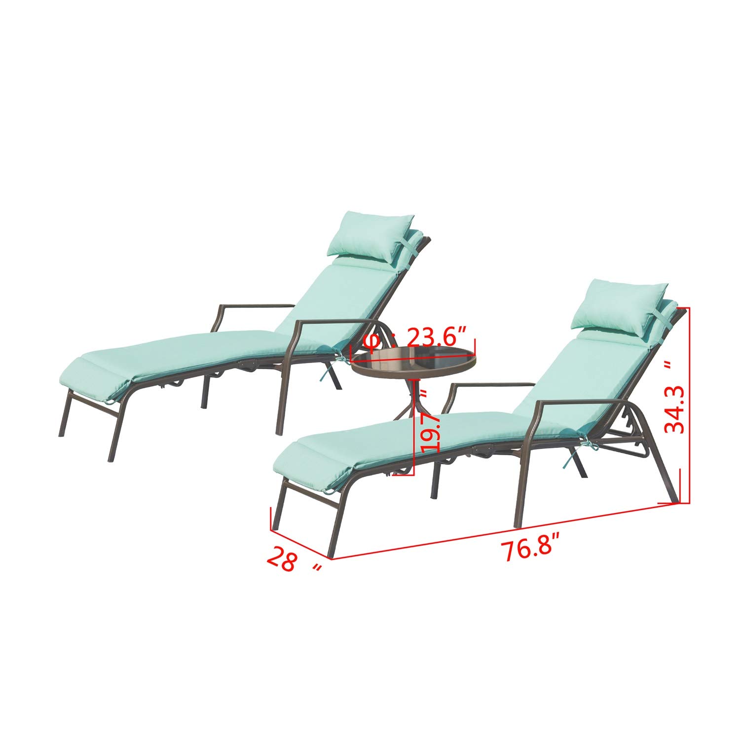 Premium Adjustable Outdoor Lounge Chair with Folding Table - Light Green Patio Chaise Lounge for Camping, Beach, Poolside & Backyard Relaxation | 3-Piece Portable Metal Recliner Set for Ultimate Comfort