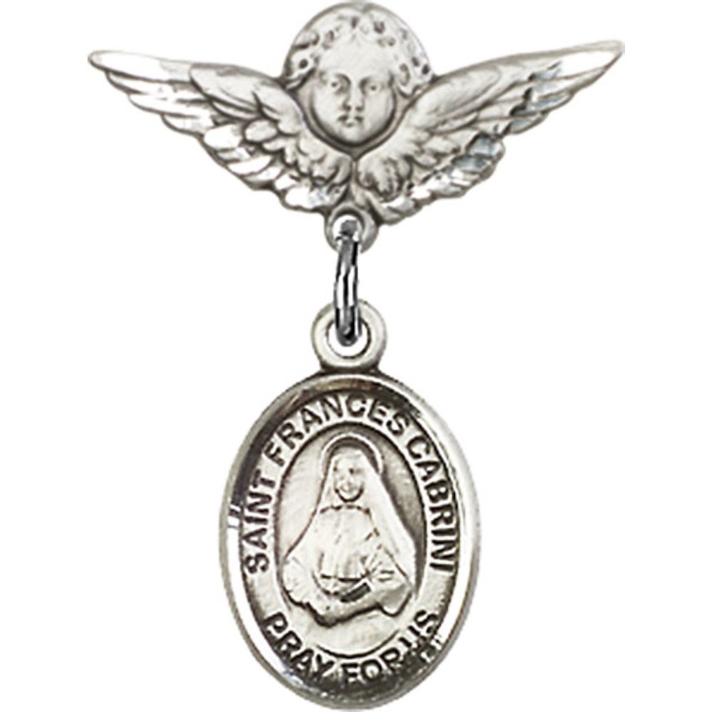 St. Frances Cabrini Sterling Silver Baby Badge with Angel Wing Charm - 7/8 X 3/4 Inch Religious Pin for Baptism, First Communion & Christening Gifts