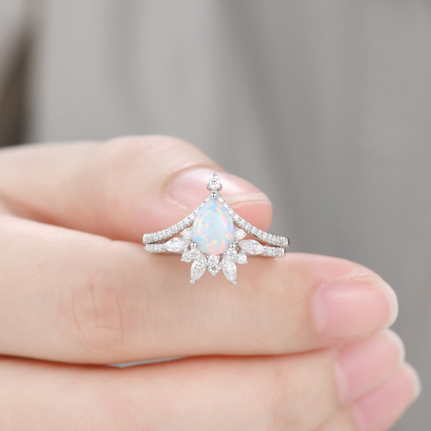 Vintage Opal Wedding Ring Set - 14k White Gold Moissanite Curved Band for Women - Elegant Bridal Jewelry for Engagement, Anniversary & Special Occasions