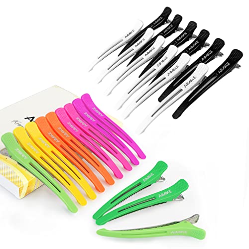 AIMIKE Professional Hair Sectioning Clips - 12PCS Non-Slip Neon Hair Styling Clips with Silicone Band, 12PCS Black & White Duckbill Hair Clips for Salon & Home Use - Perfect for Hairdressers, DIY Hair Cutting, Styling & Coloring