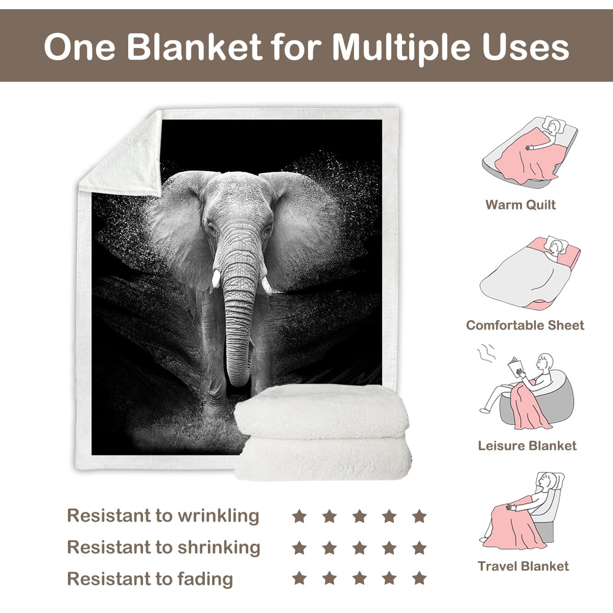 Soft Plush African Elephant Fleece Throw Blanket for Kids - Grey & Black Sherpa Blanket (50x60 Inches) - Cozy Couch & Chair Blanket for Girls & Boys - Perfect for Bedroom, Nursery, and Living Room