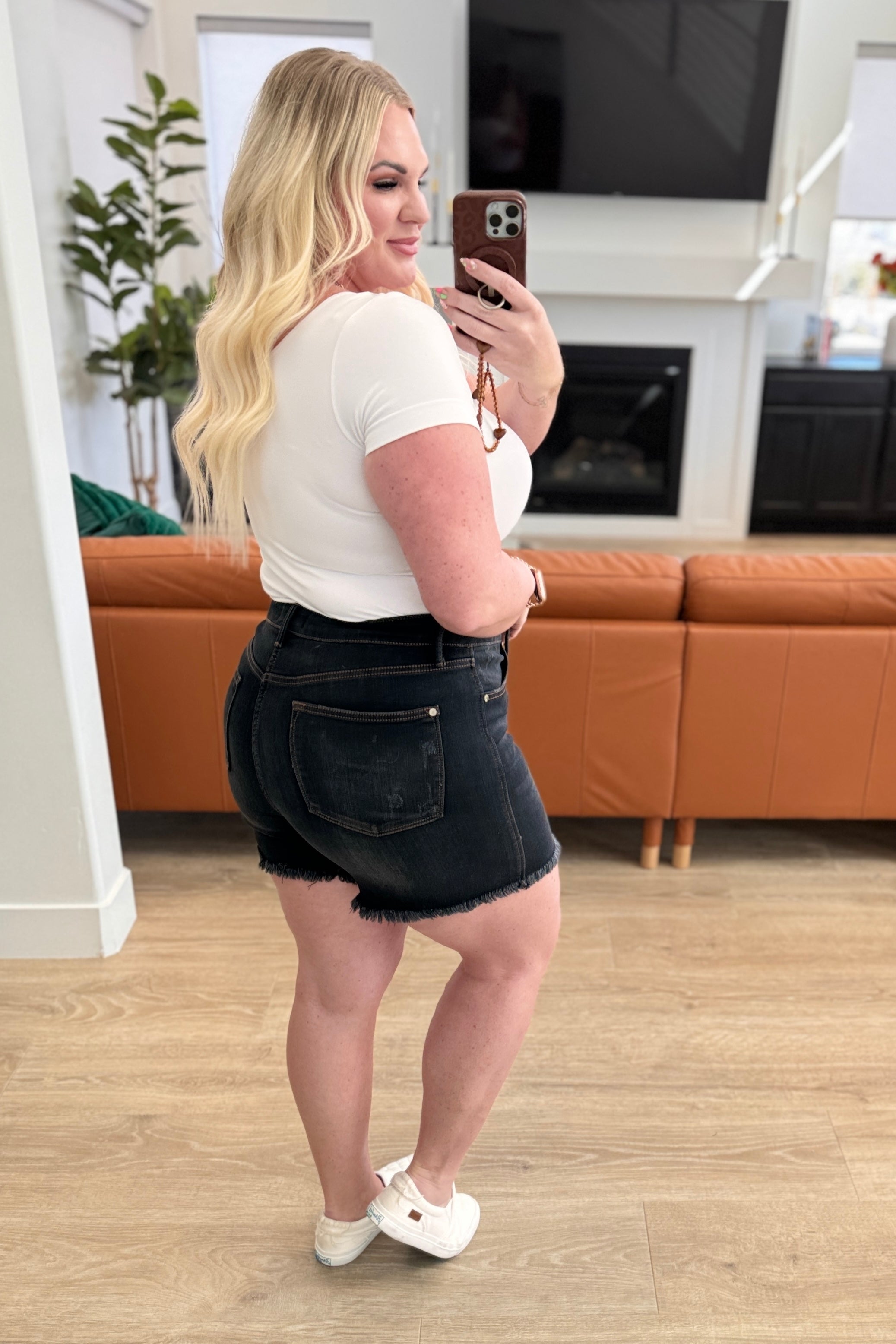 Ember High Rise Control Top Fray Hem Shorts - Women's Comfortable Stretchy Denim Shorts for Summer | Perfect for Casual Outings, Beach Trips & Street Style