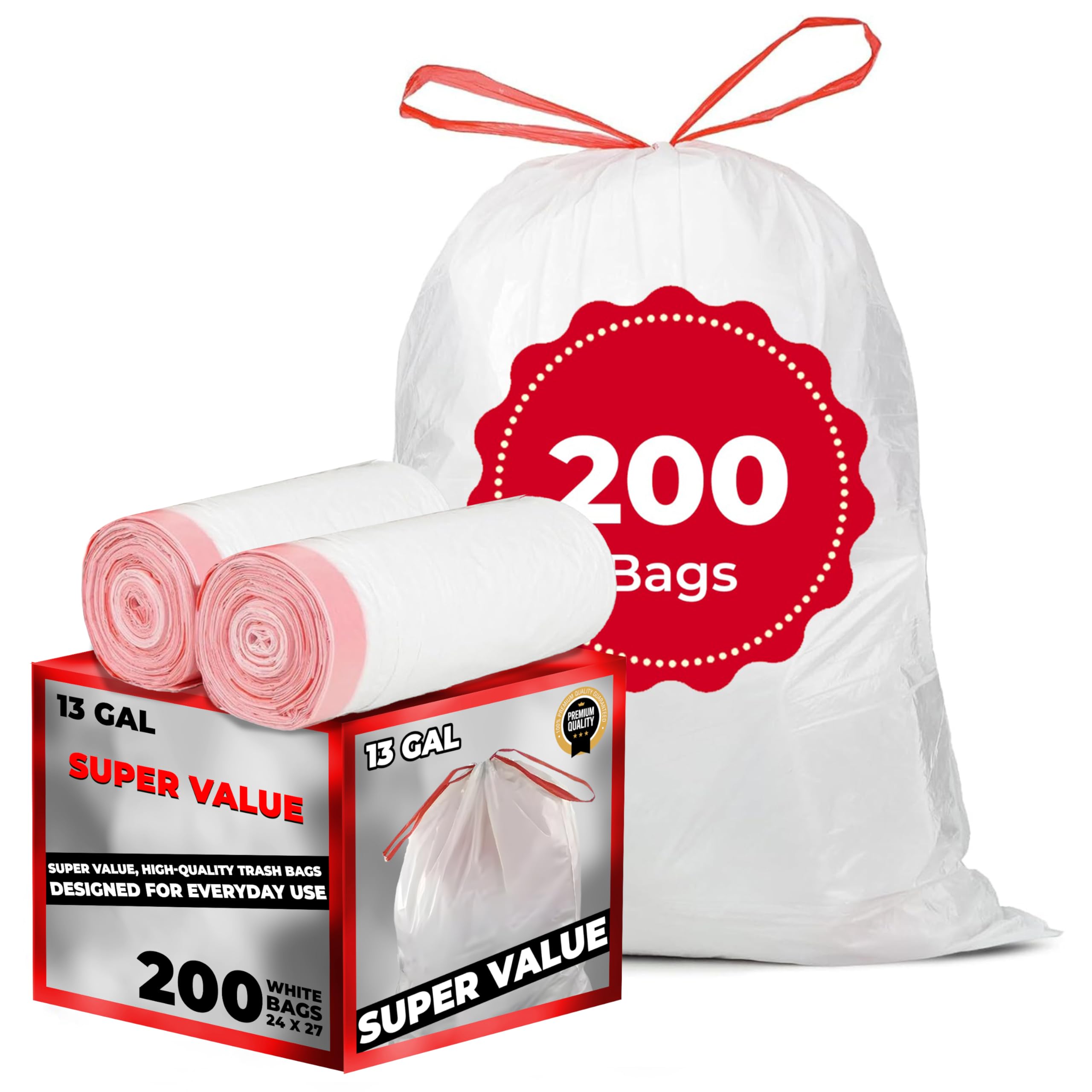 Heavy Duty Industrial Garbage Bags - Extra Large 13 Gallon Trash Bags for Yard, Kitchen & Commercial Use (White) | Durable Waste Disposal Solution for Home, Office & Outdoor Cleaning