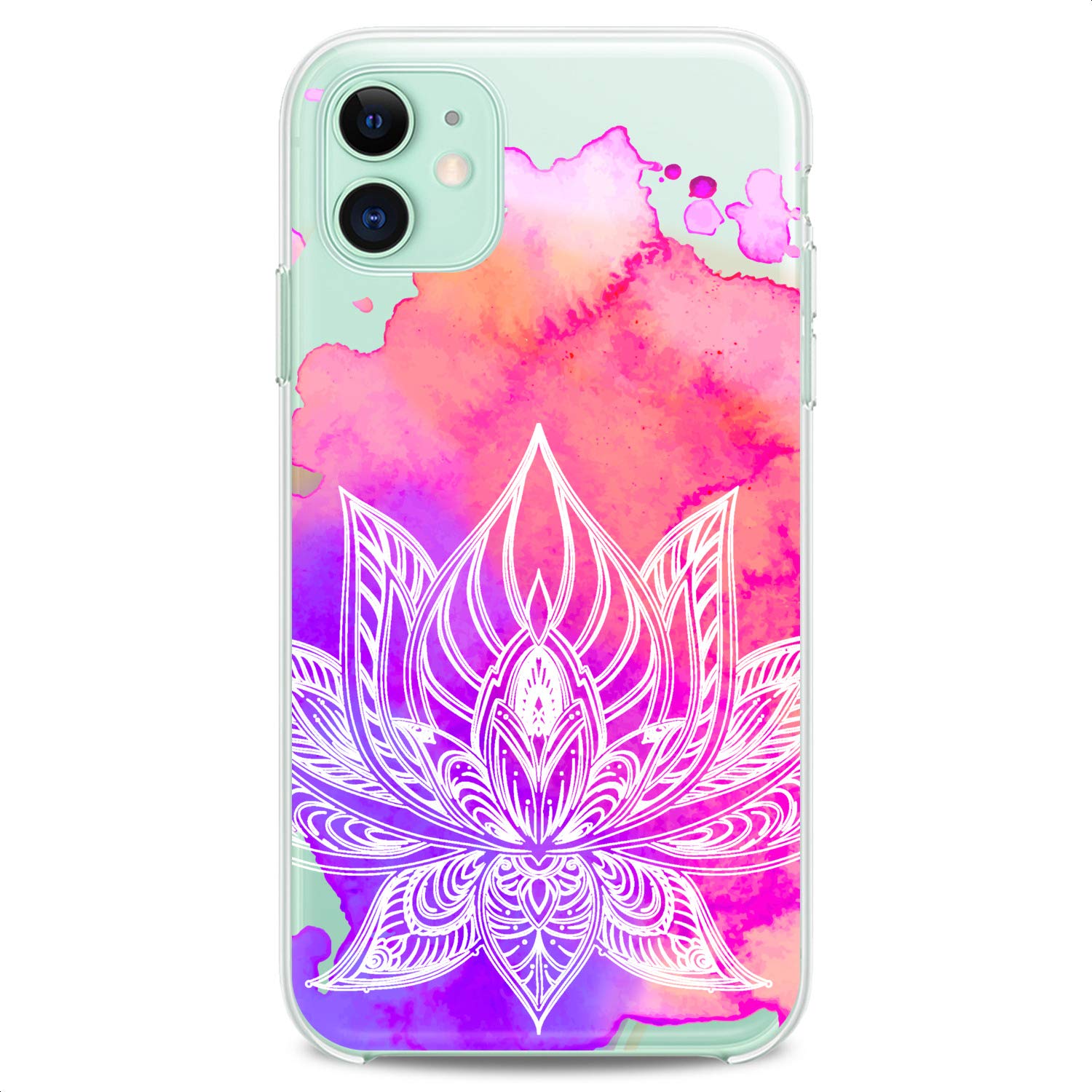 Boho Mandala Watercolor TPU Case for iPhone 16/15/14/13/12/11 Pro Max/Plus/Mini/XS/XR/X/8/7/6/5/SE - Cute Slim Purple Lotus Flower Art Flexible Silicone Cover | Perfect for Women's Daily Use, Office & Travel Protection