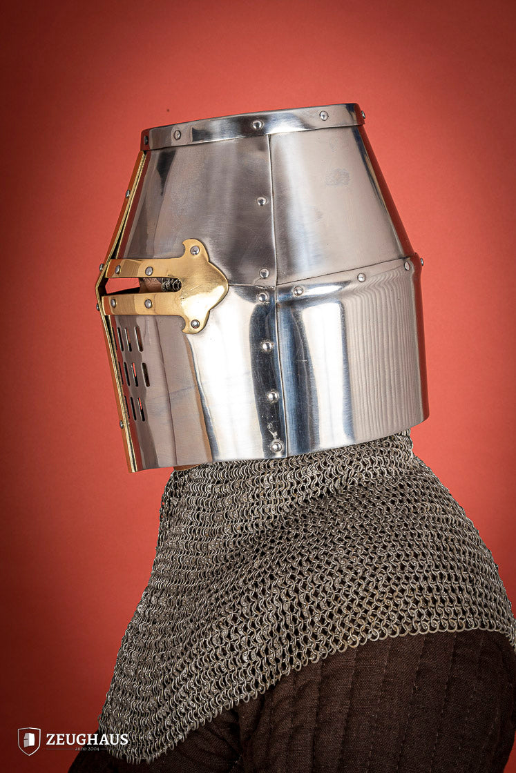 Medieval Crusader Great Helmet 1.6mm Steel with Brass Accents - Authentic Knight Armor for LARP, Cosplay & Historical Reenactment