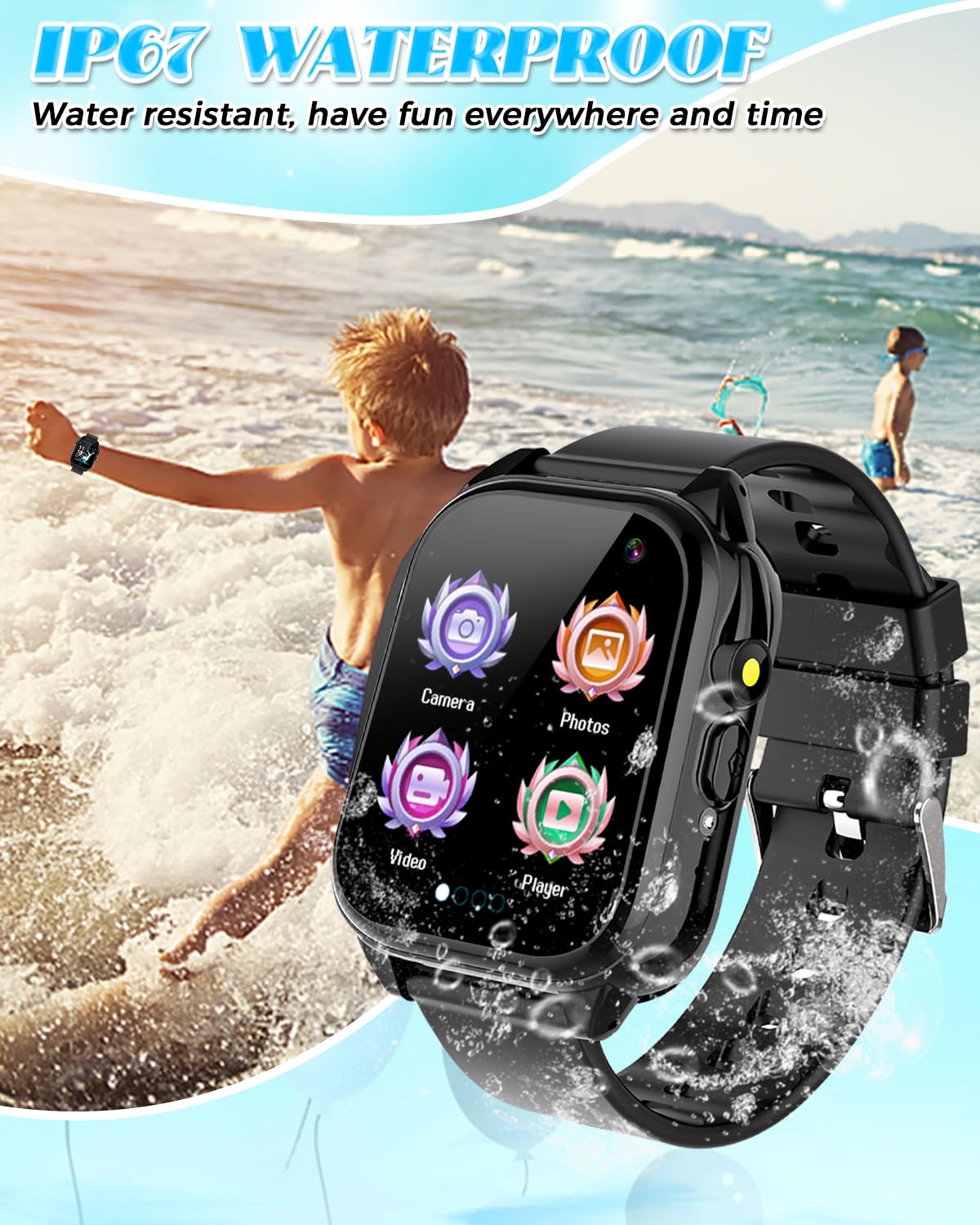 Waterproof Smart Watch for Kids 3-12 Years Old - 26 Games, HD Touchscreen, Video Camera, Pedometer, Music Player, Alarm Clock, Flashlight - Perfect Birthday Gift for Boys & Girls - Ideal for Outdoor Play, Fitness Tracking, and Daily Activities