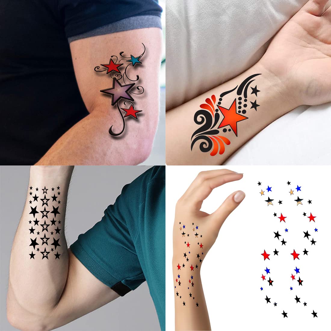 Pack of 4 Tribal Star Temporary Tattoos for Men & Women - Waterproof Fake Body Art Stickers (2x4 Inch) - Perfect for Festivals, Parties & Costume Events