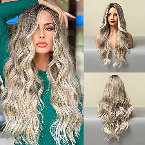 26 Inch Extra Long Wavy Ombre Blonde Wig with Dark Roots & Middle Part - Perfect for Cosplay, Halloween Costumes & Daily Fashion Styling