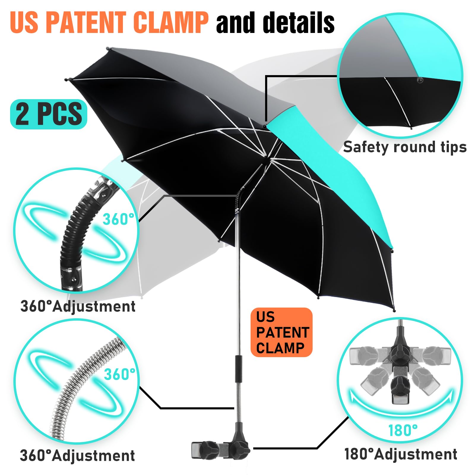 2 Pack 360° Adjustable Chair Umbrella with Universal Clamp - UPF50+ Sun Shade for Outdoor Chairs, Beach Loungers & Patio Furniture - Perfect for Poolside Relaxation, Backyard BBQs and Beach Vacations