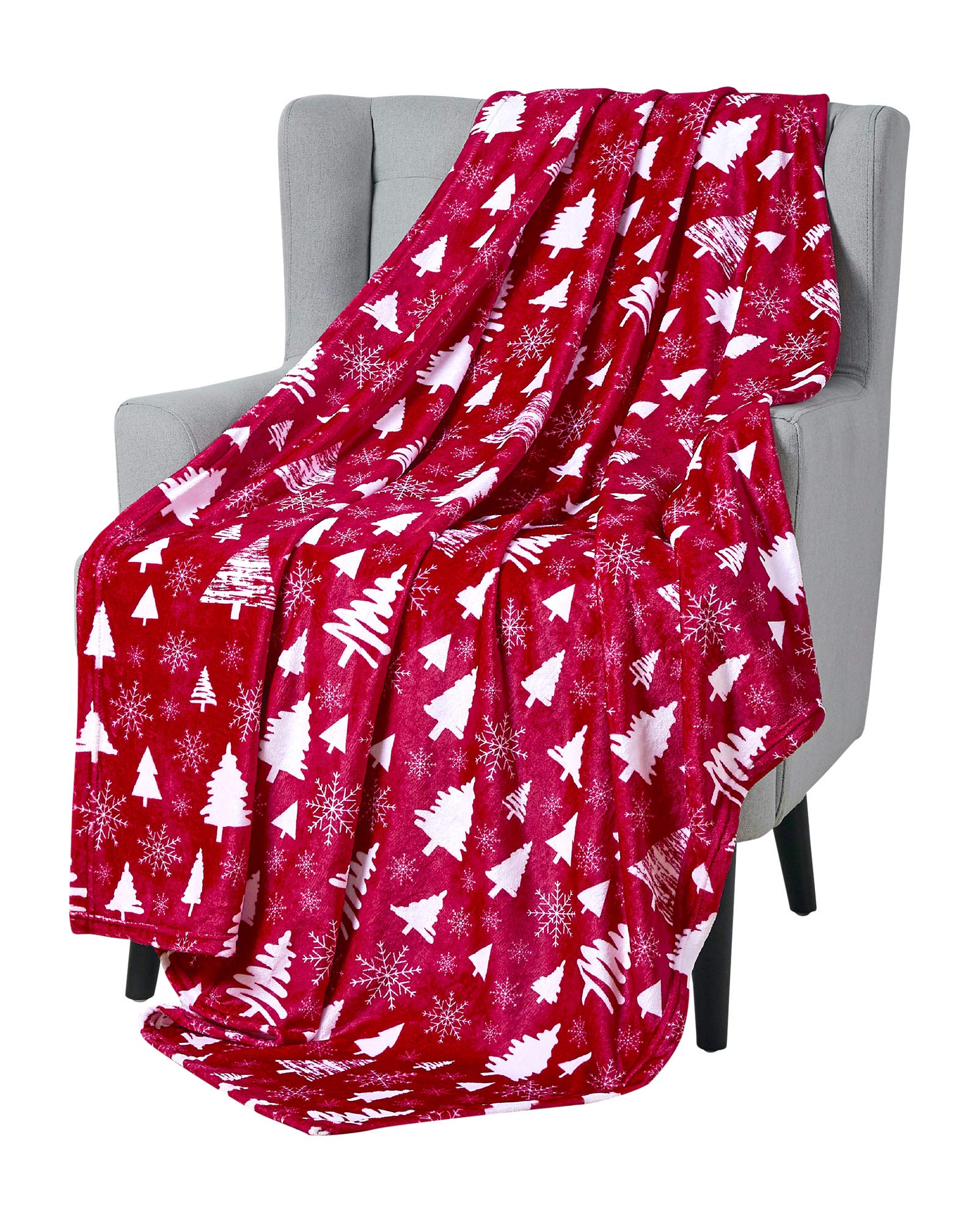Soft & Cozy Christmas Fleece Throw Blanket with Tree & Snowflake Designs - Red & White Holiday Decorative Blanket for Couch, Bed, Chair - Perfect for Winter Snuggling, Gift Giving & Festive Home Decor