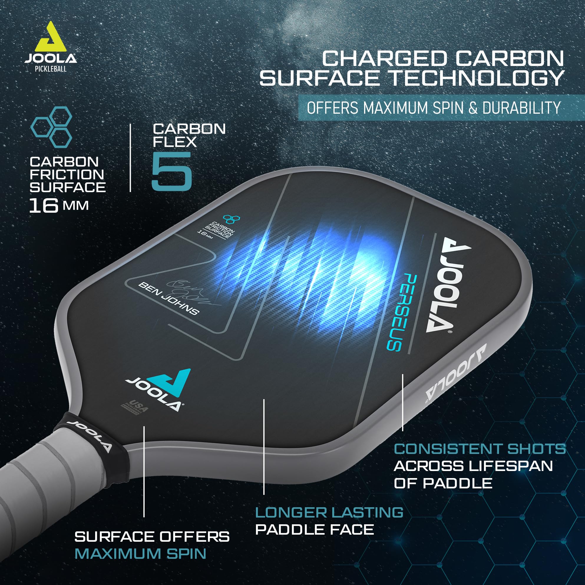 JOOLA Ben Johns Perseus Pickleball Paddle - USAPA Approved Carbon Fiber Paddle with Charged Surface Technology for Power & Control - Larger Sweet Spot for Enhanced Performance - Perfect for Competitive Play & Recreational Pickleball Games